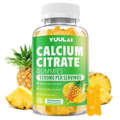 YUULAI Calcium Citrate Gummies bottle shows 1200mg calcium per serving for bone health.