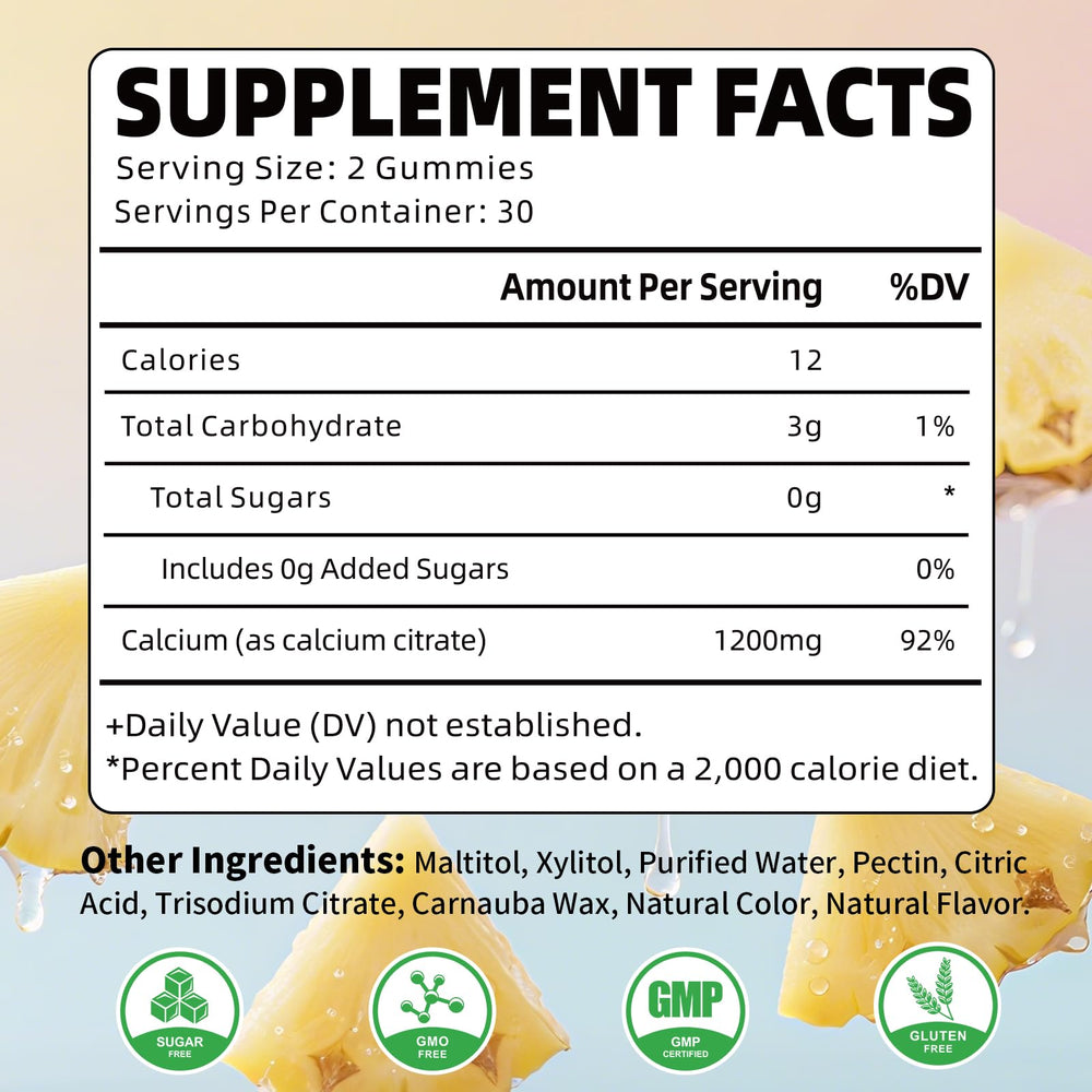 Close-up of pineapple-flavored chewy gummies for easy daily calcium intake.