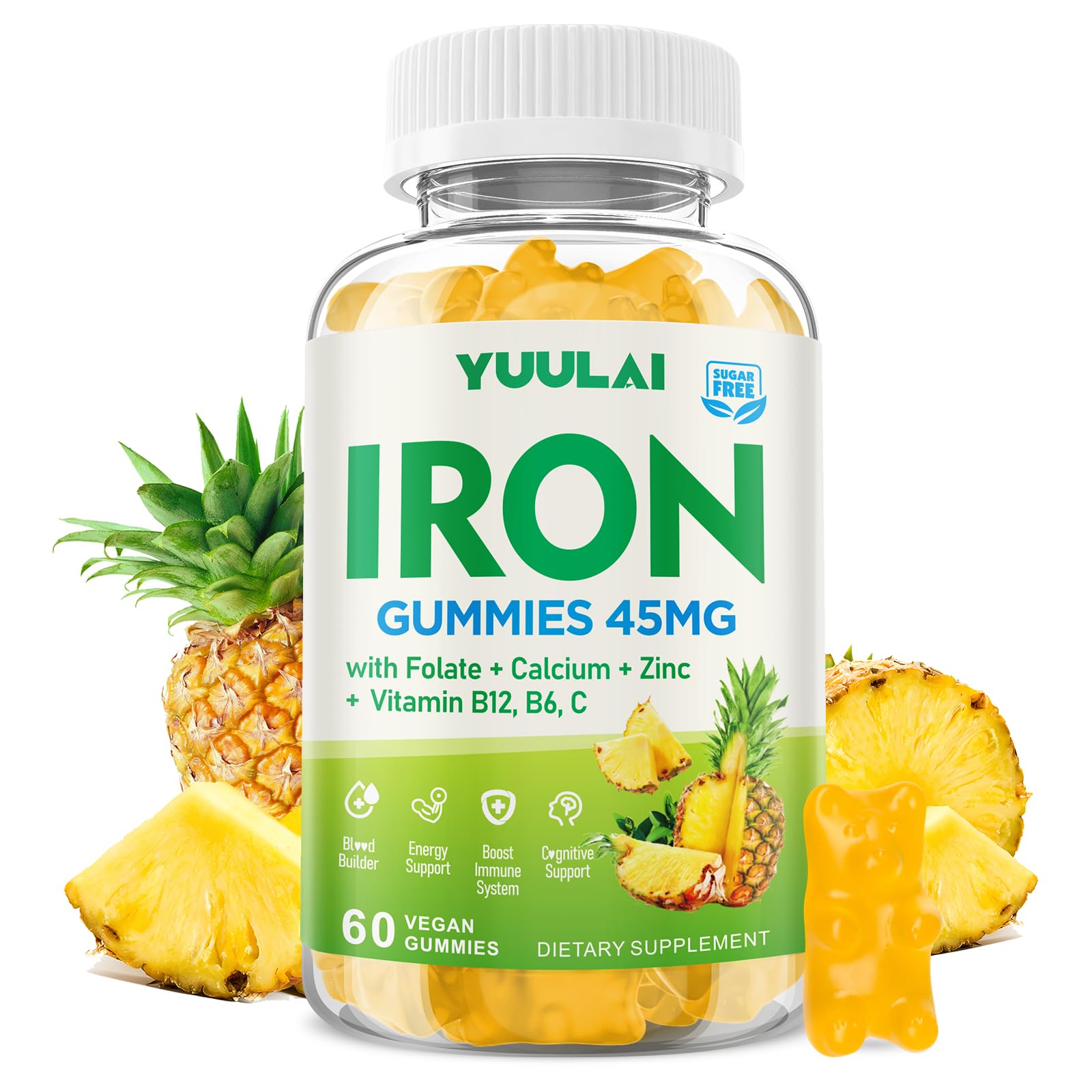 YUULAI iron gummies bottle front shows pineapple flavor and daily dose benefit.