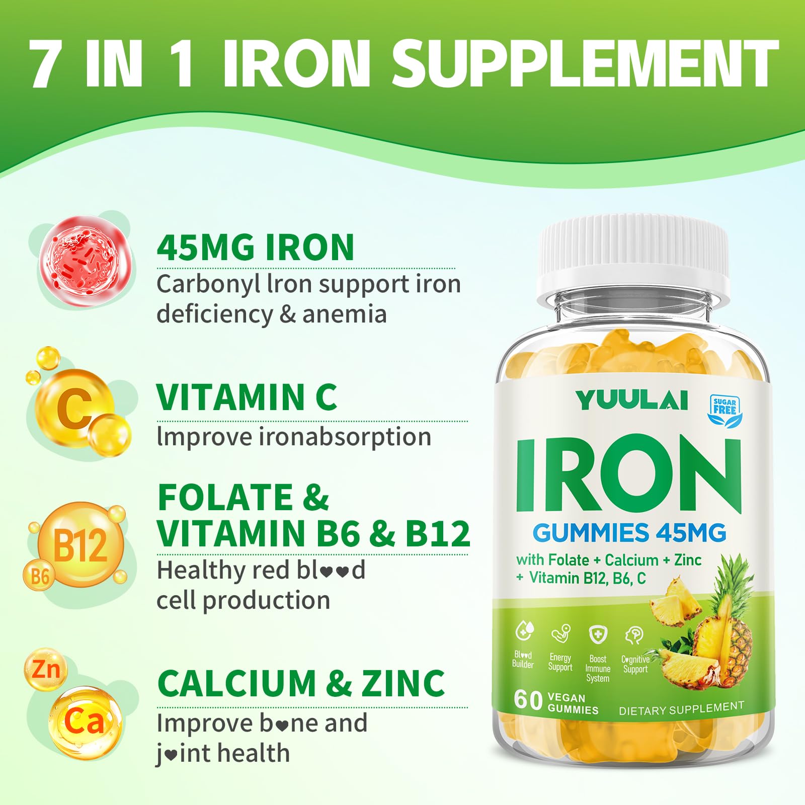 YUULAI iron gummies pineapple chews provide tasty daily iron intake for energy.
