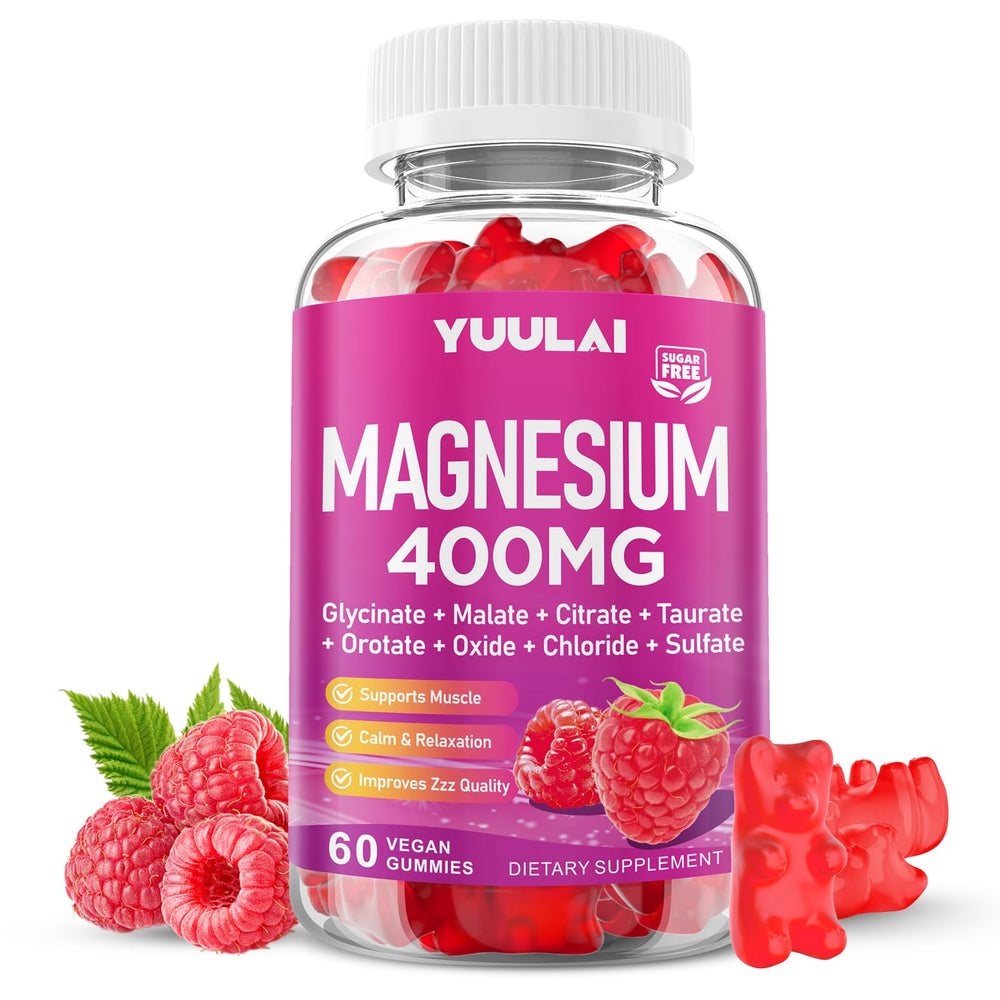 YUULAI Magnesium Complex Gummies Raspberry Bottle ready for daily calm and focus.