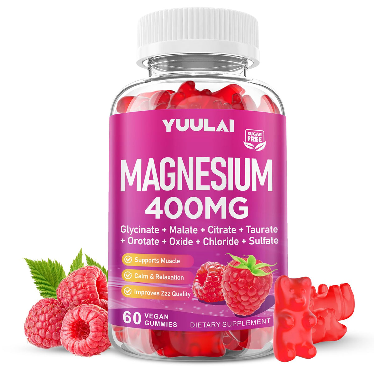 YUULAI Magnesium Complex Gummies Raspberry Bottle ready for daily calm and focus.