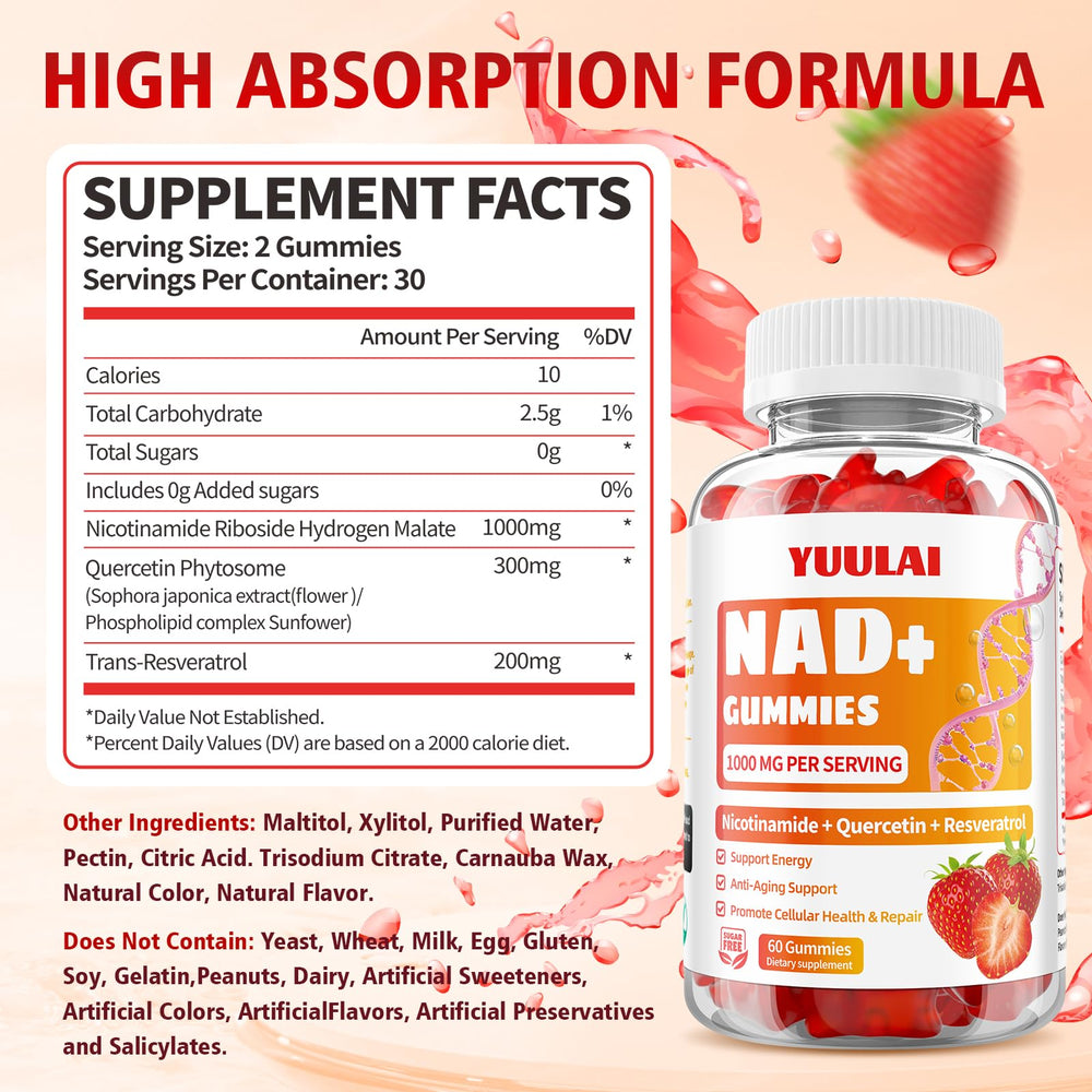 YUULAI NAD+ gummies bottle closeup showing strawberry flavor for convenient daily use