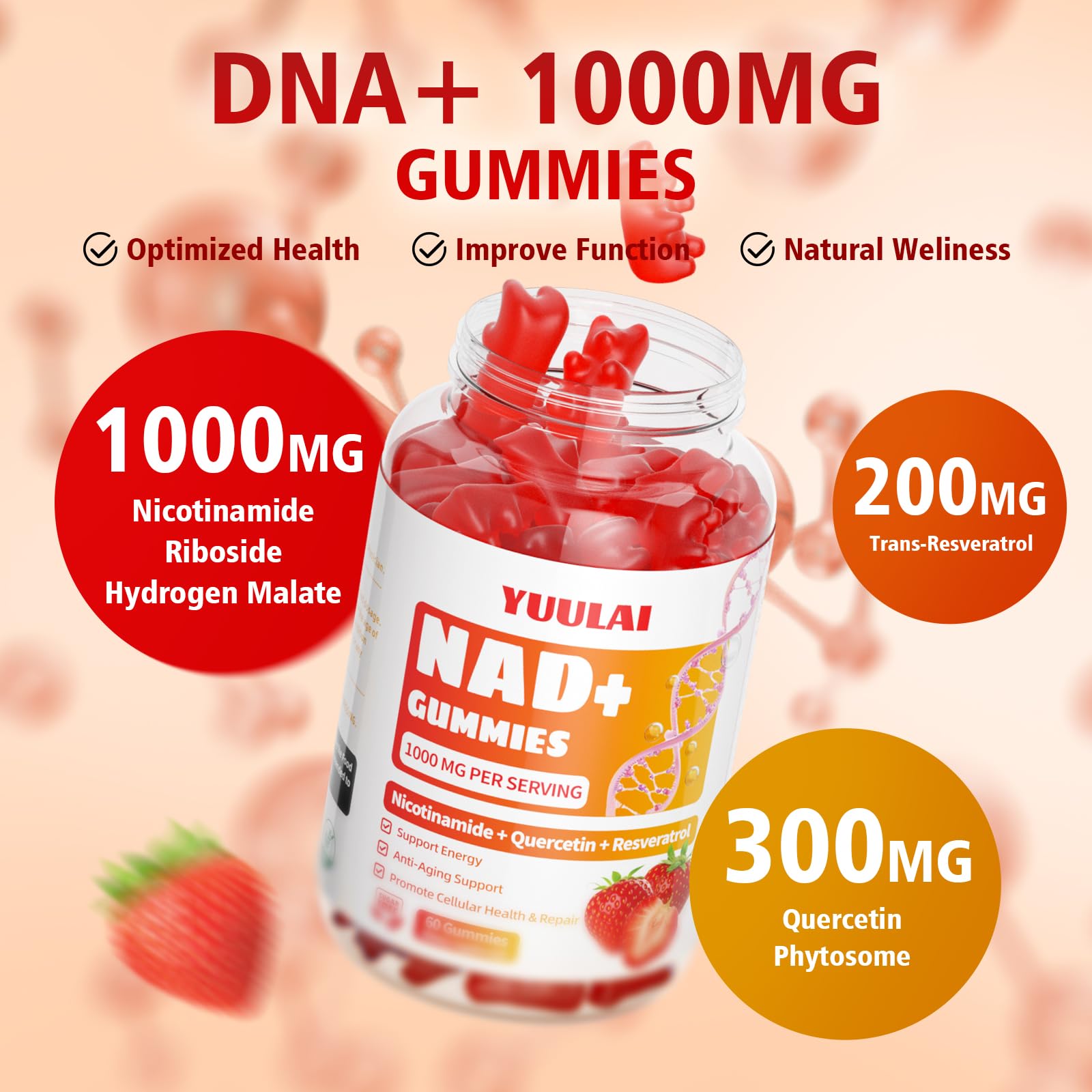 YUULAI NAD+ gummies ingredients scene highlighting Nicotinamide Riboside and Resveratrol for energy