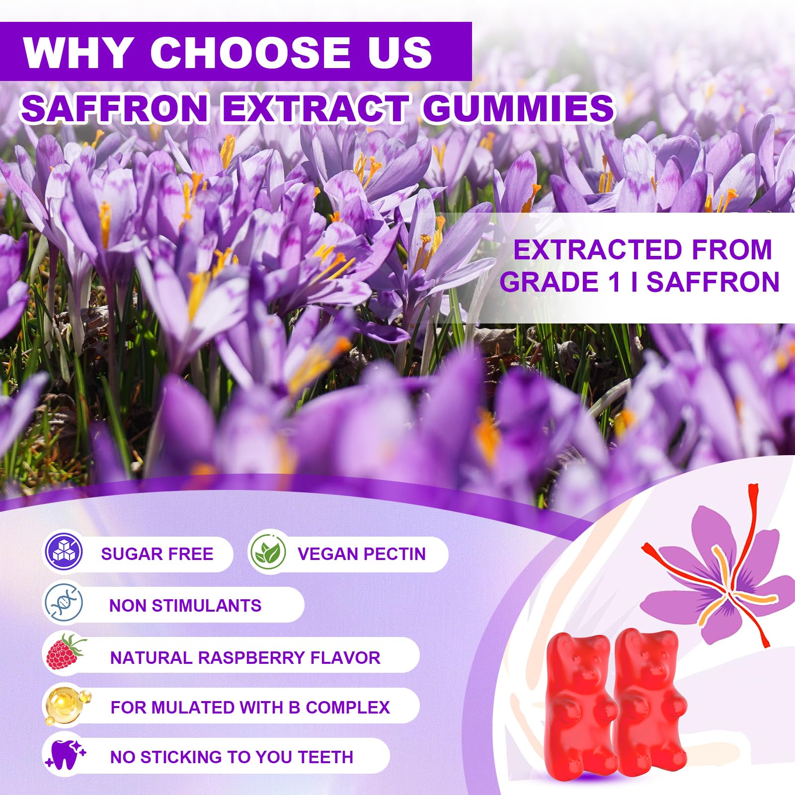 YUULAI saffron gummies vitamins minerals information panel.