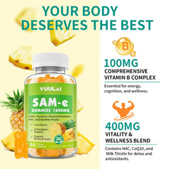 YUULAI SAM-e Gummies ingredients panel with NAC, CoQ10, and B vitamins for antioxidant support.