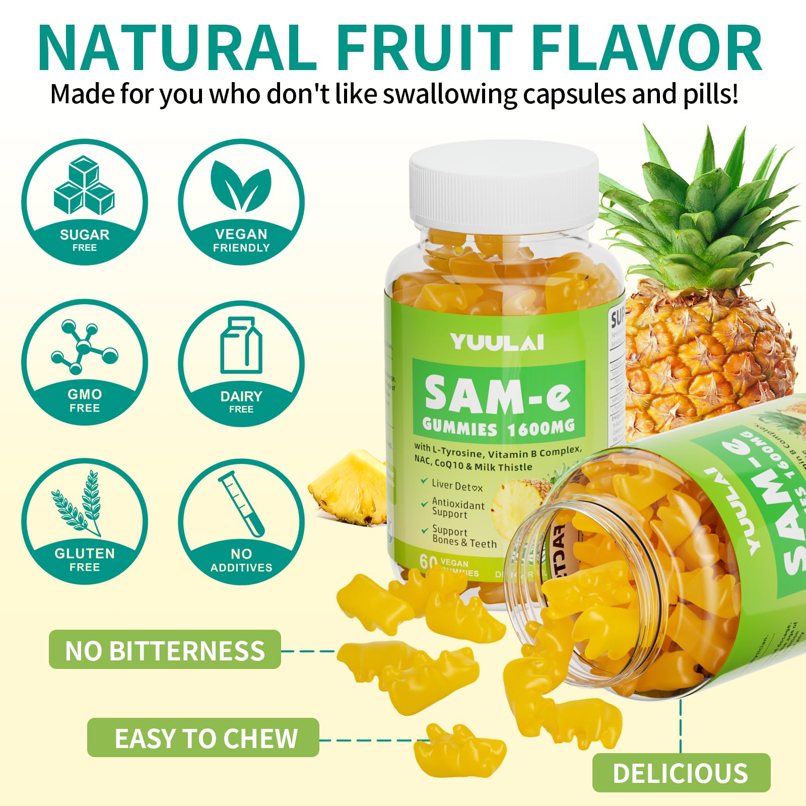 YUULAI SAM-e Gummies third-party testing seal indicating clean, vegan, gluten-free formulation.