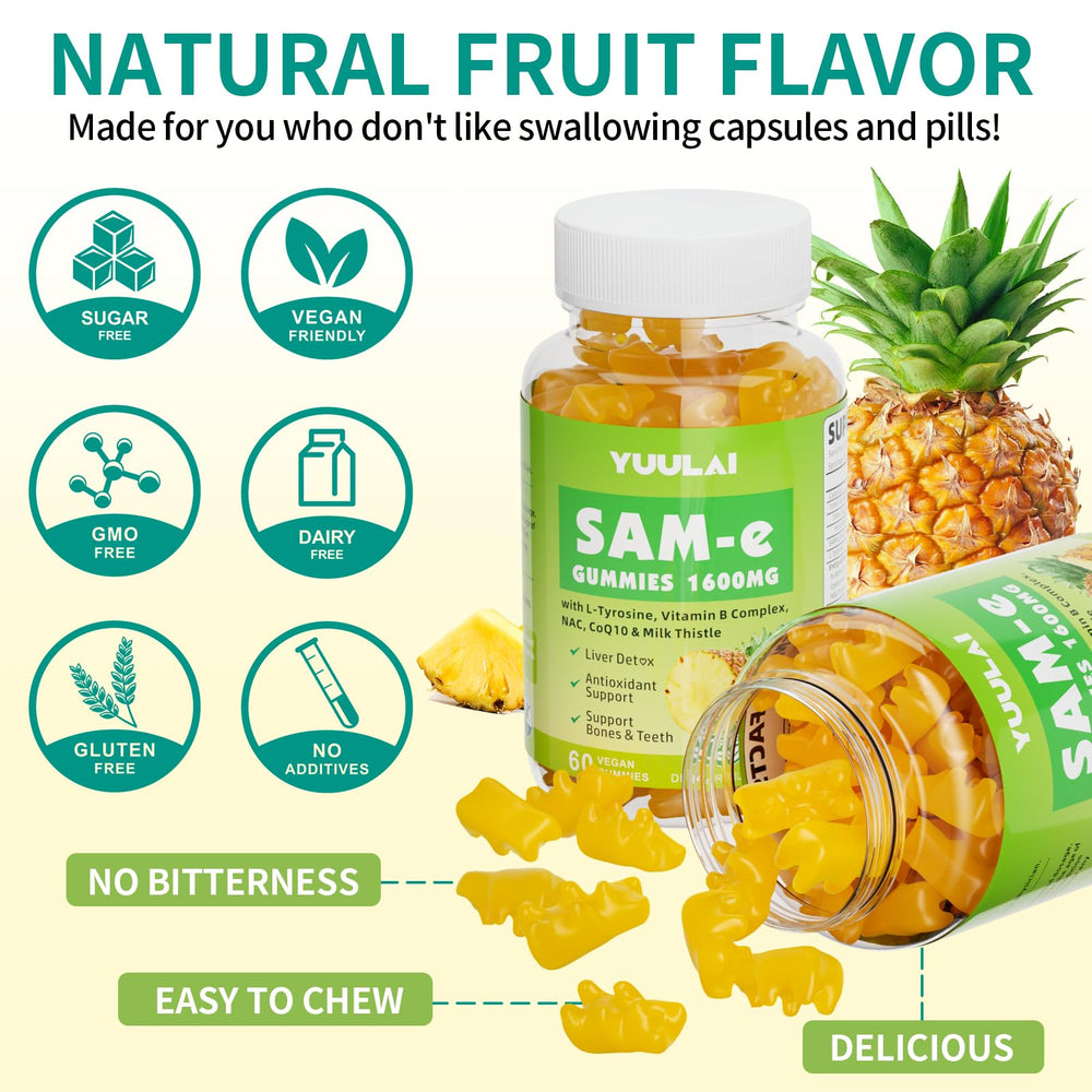 YUULAI SAM-e Gummies third-party testing seal indicating clean, vegan, gluten-free formulation.