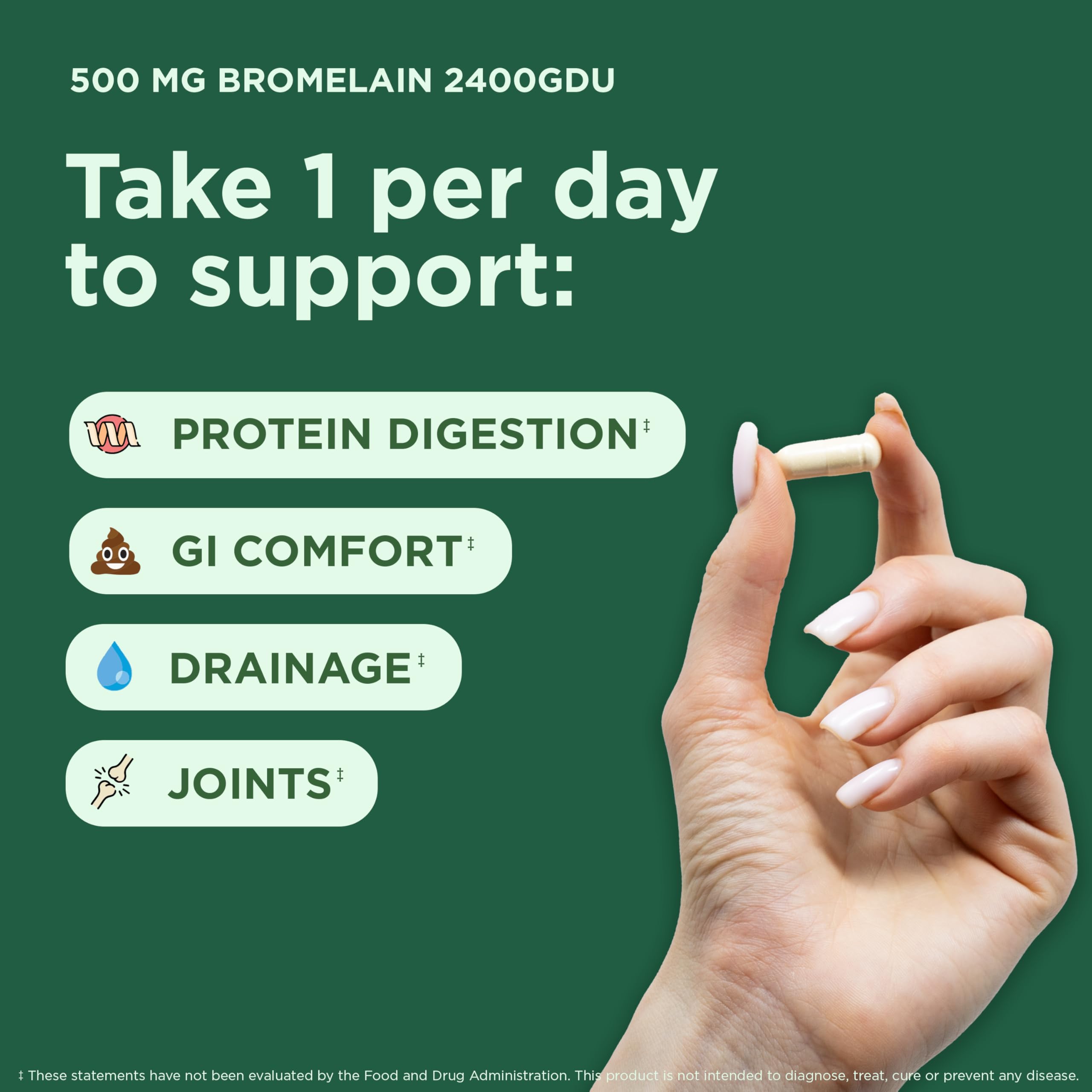 Yuve Bromelain 500mg raw pineapple source emphasizes natural enzyme origin.