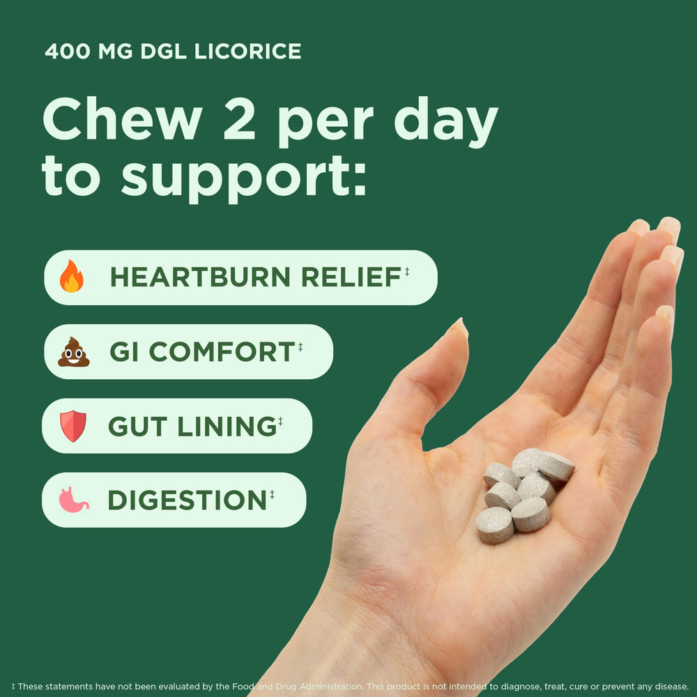 Close-up of Yuve DGL chewable texture for easy, tasty GI relief.