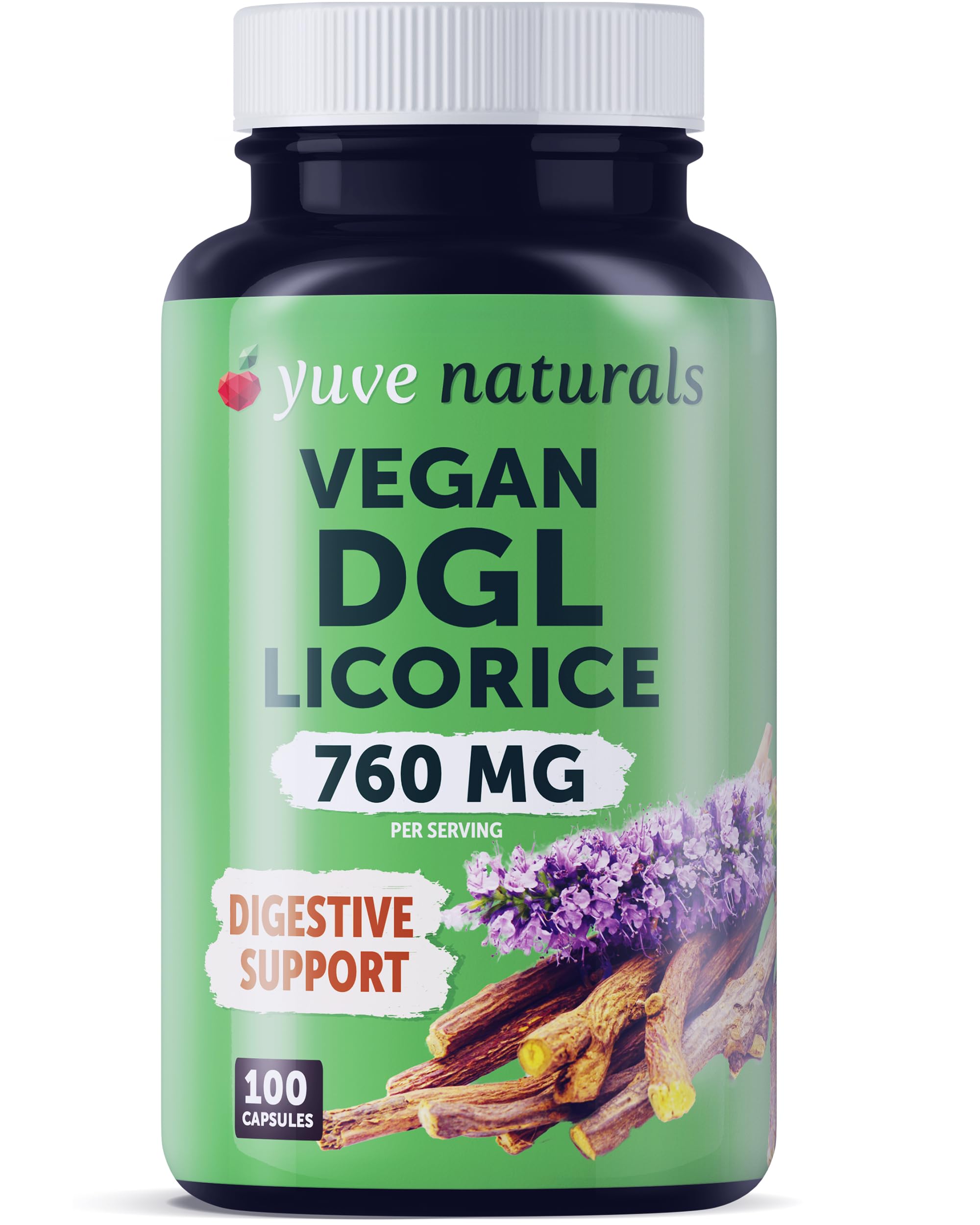 Yuve DGL Licorice 760mg bottle front view suggesting digestive comfort potential.