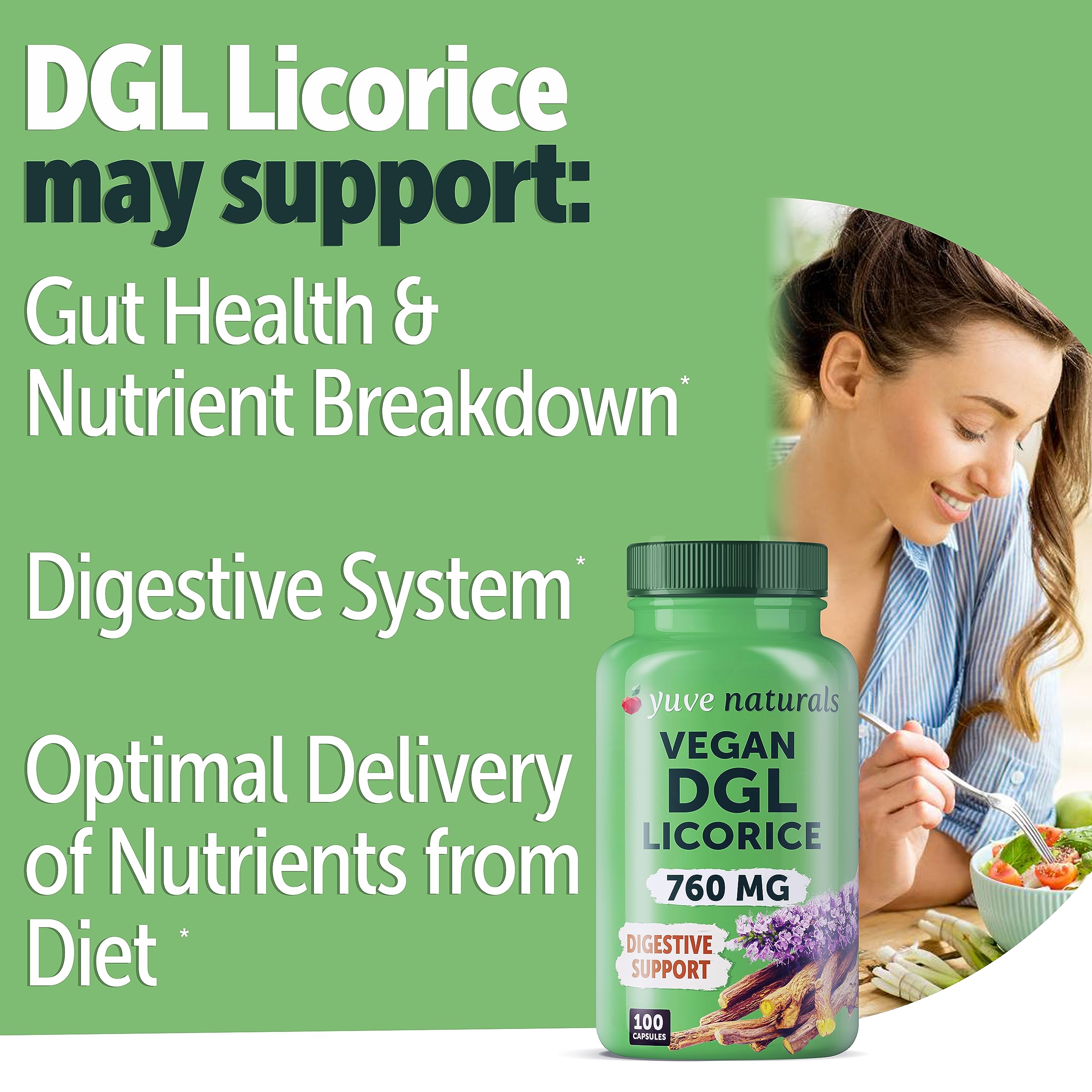 Yuve DGL Licorice capsules inside bottle illustrating convenient filler-free capsules for daily use.