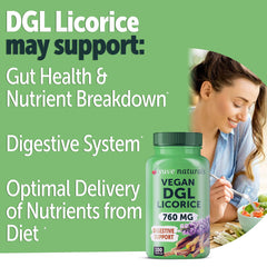 Yuve DGL Licorice capsules inside bottle illustrating convenient filler-free capsules for daily use.