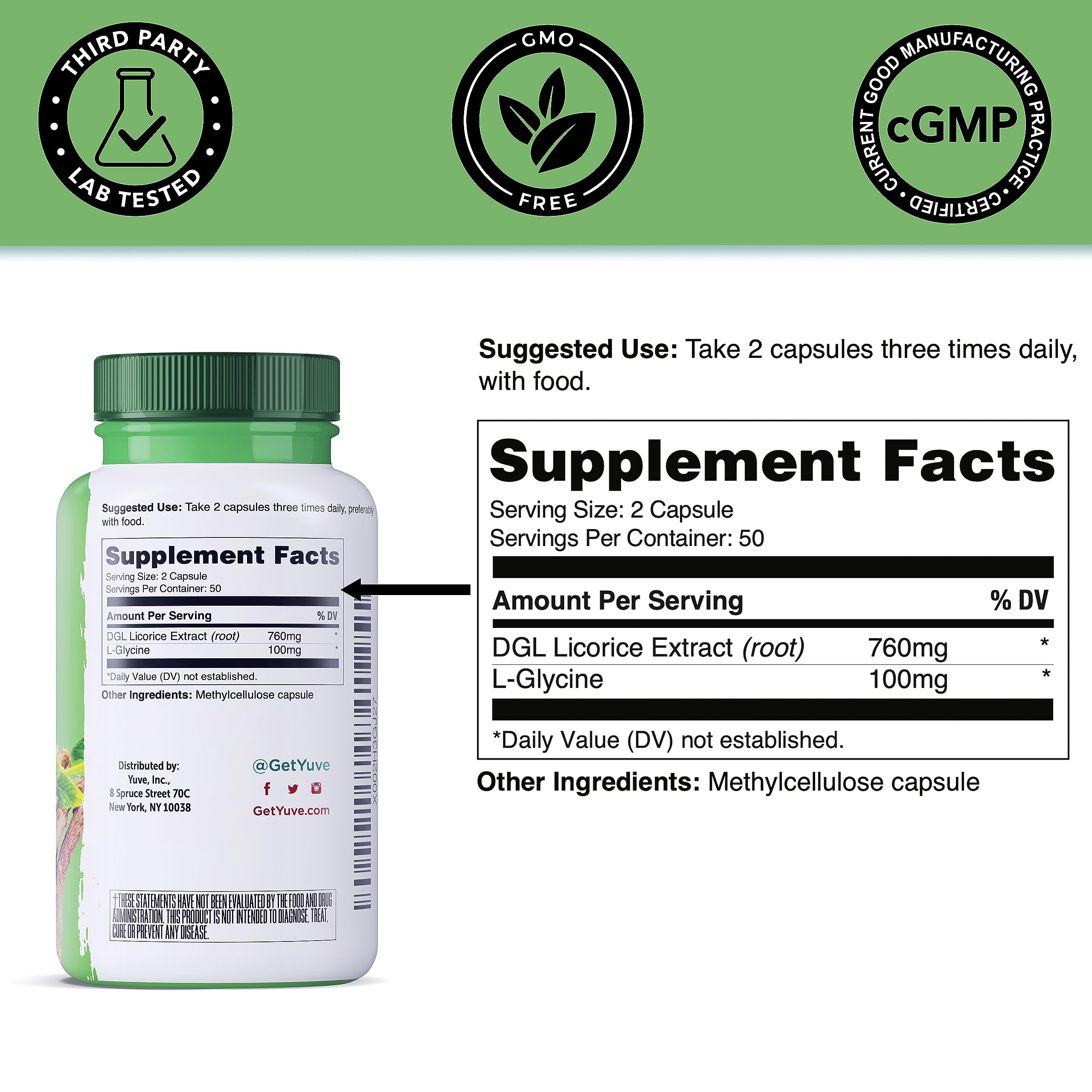 Capsules neatly arranged with Yuve DGL Licorice brand emphasizing easy-to-take digestive support.