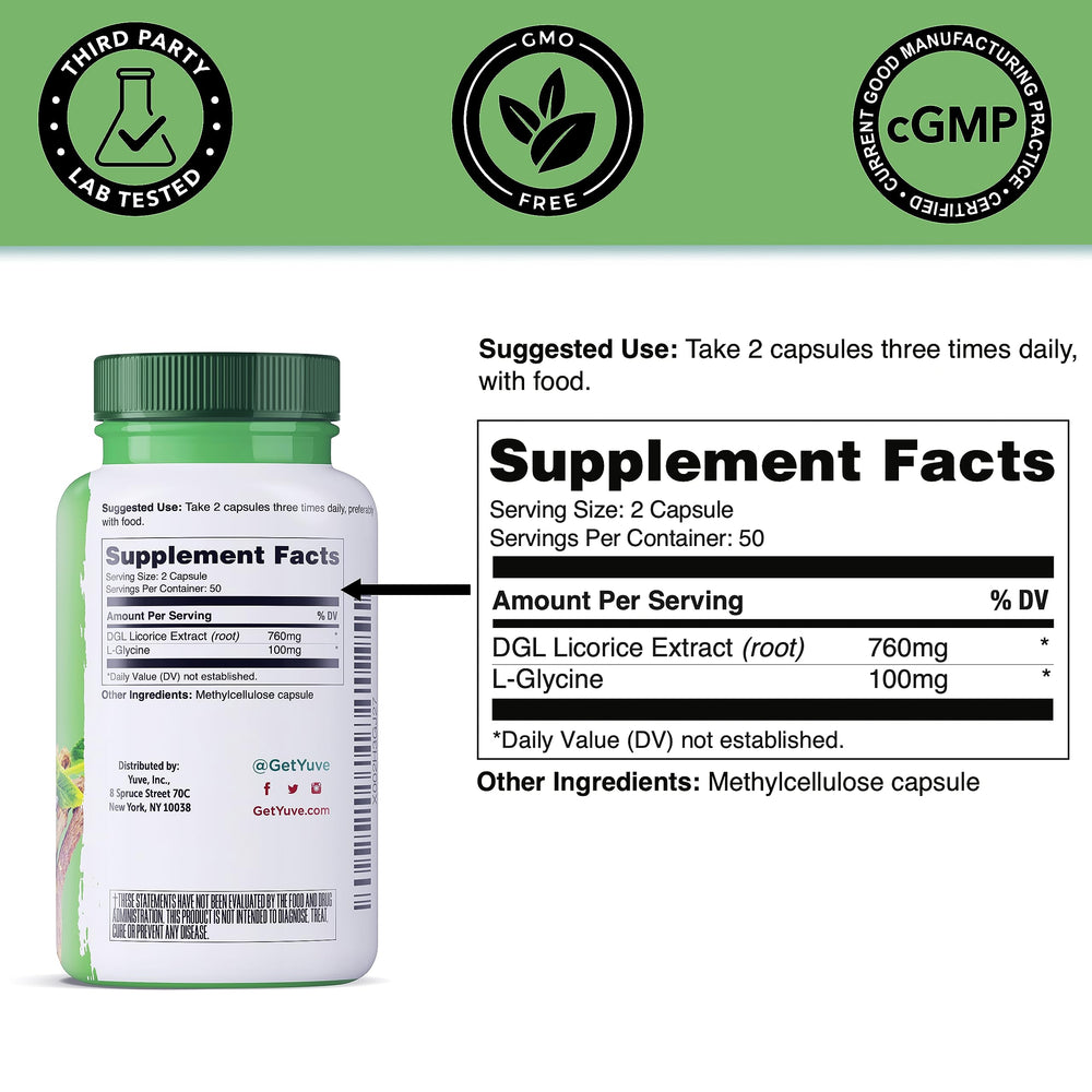Capsules neatly arranged with Yuve DGL Licorice brand emphasizing easy-to-take digestive support.