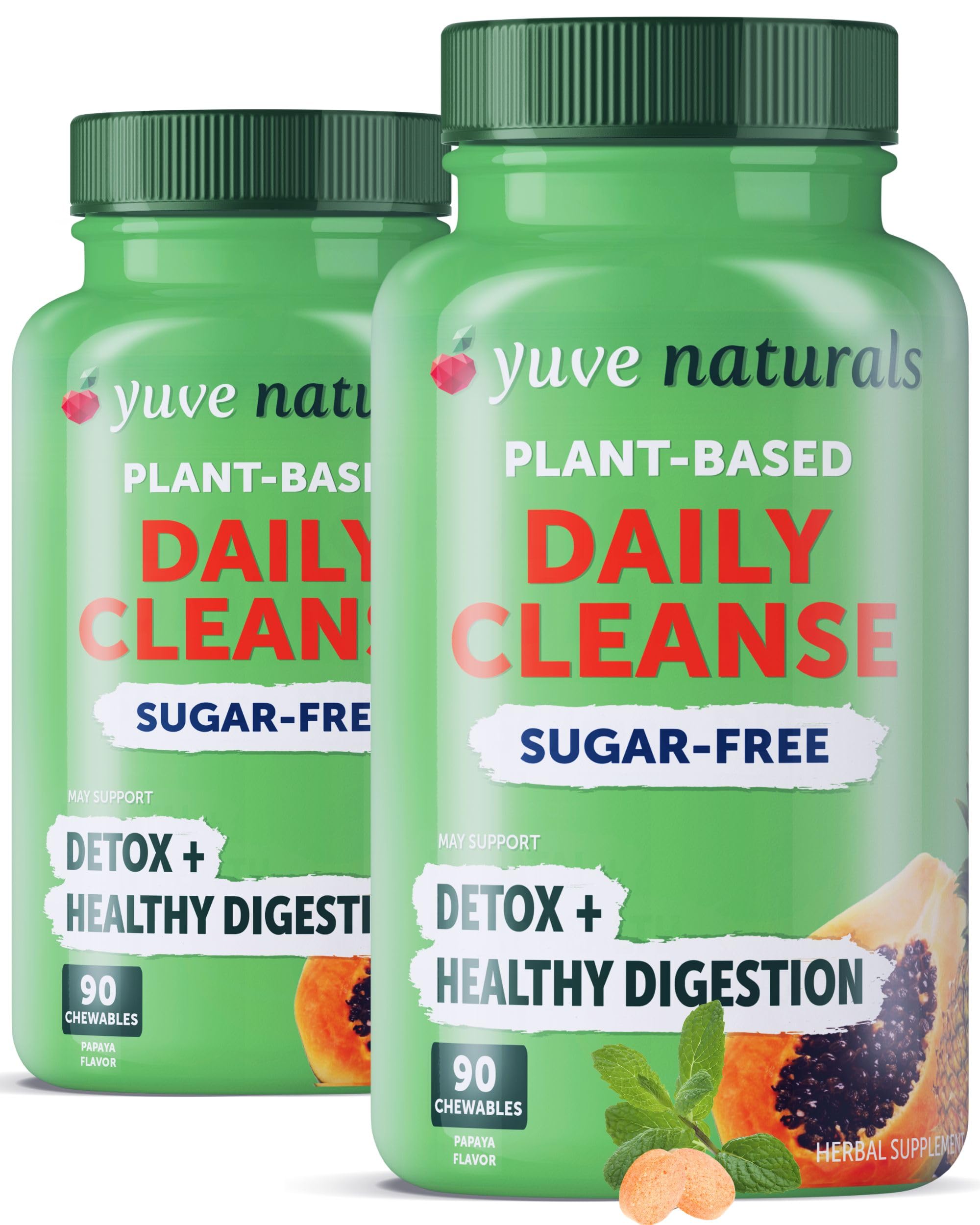 Yuve Naturals papaya enzyme bottle showing convenient post-meal chewables.