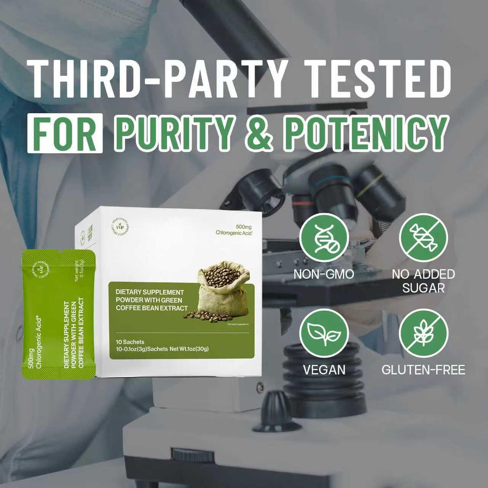 YVIP Green Coffee Extract Powder gluten-free label highlighting clean ingredients.