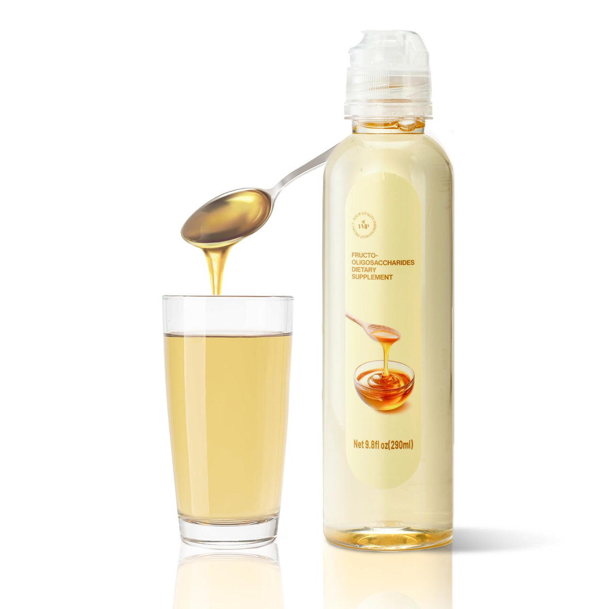 YVIP prebiotic FOS syrup bottle highlighting gut-supporting formula.