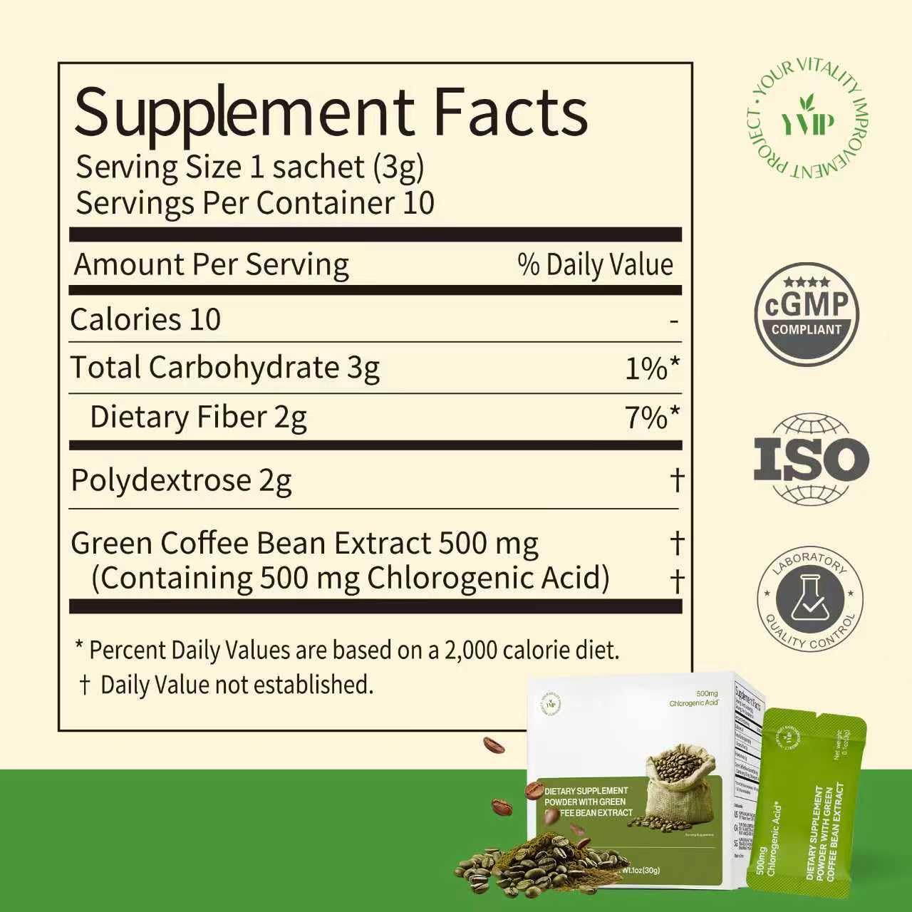 YVIP Sachet label close-up noting gluten-free and low-caffeine features.