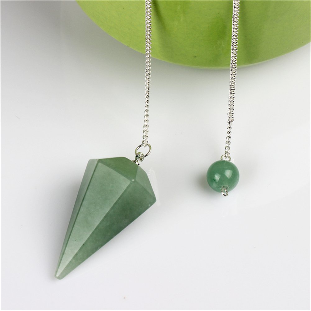 YWG Stone Green Aventurine pendulum close-up highlighting facets and color.