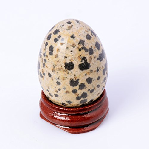 YWG Stone Dalmatian Jasper egg on a wood stand, promotes calm and decorative energy