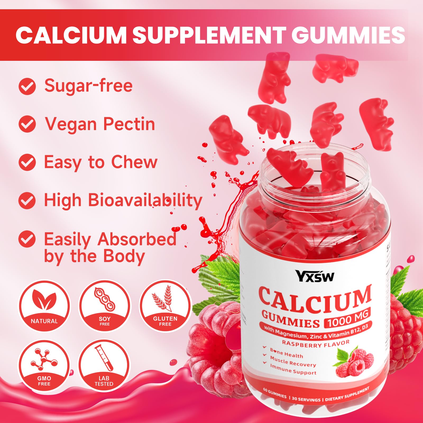 Travel-friendly YXSW Raspberry Gummies tin for on-the-go calcium