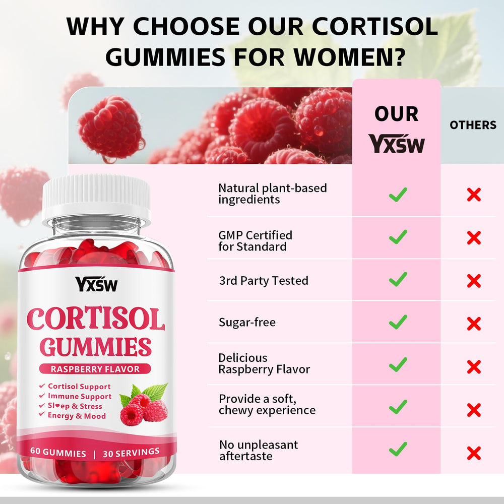 YXSW Cortisol Gummies chewable raspberry flavor close-up for easy daily use.