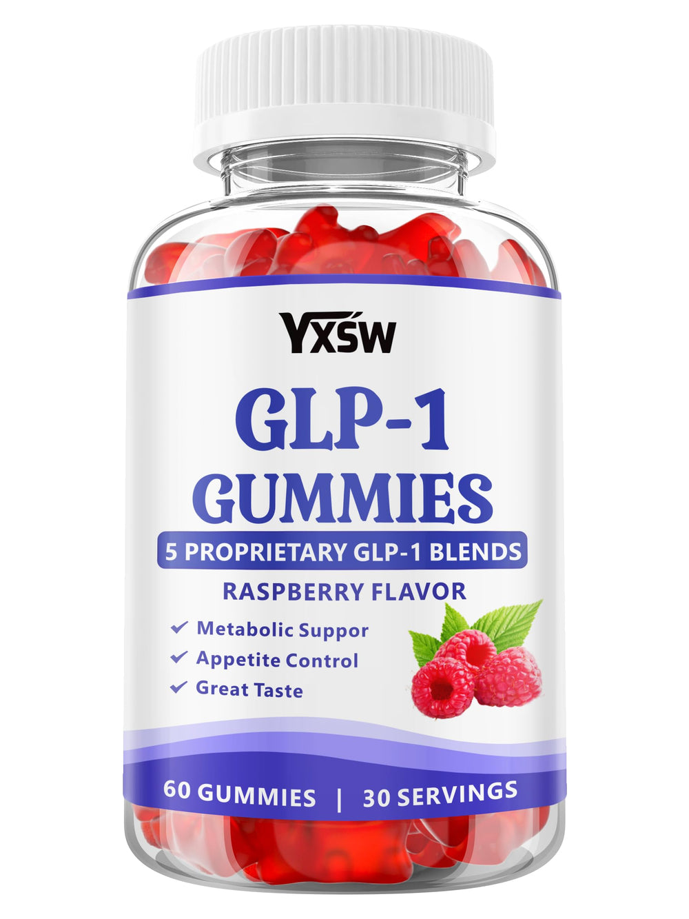 YXSW GLP-1 Gummies bottle with raspberry flavor offers easy daily two-gummy serving.