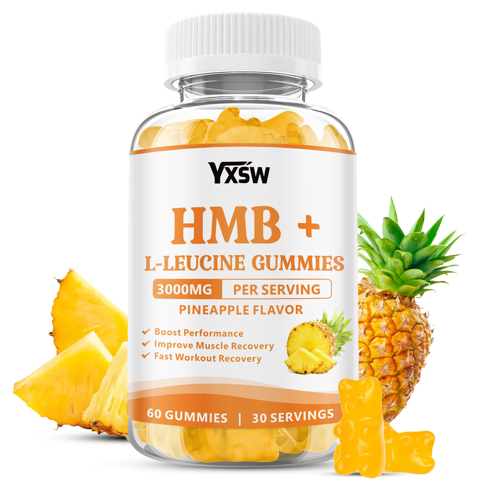 YXSW HMB and L-Leucine Gummies bottle with pineapple flavor for post-workout support.