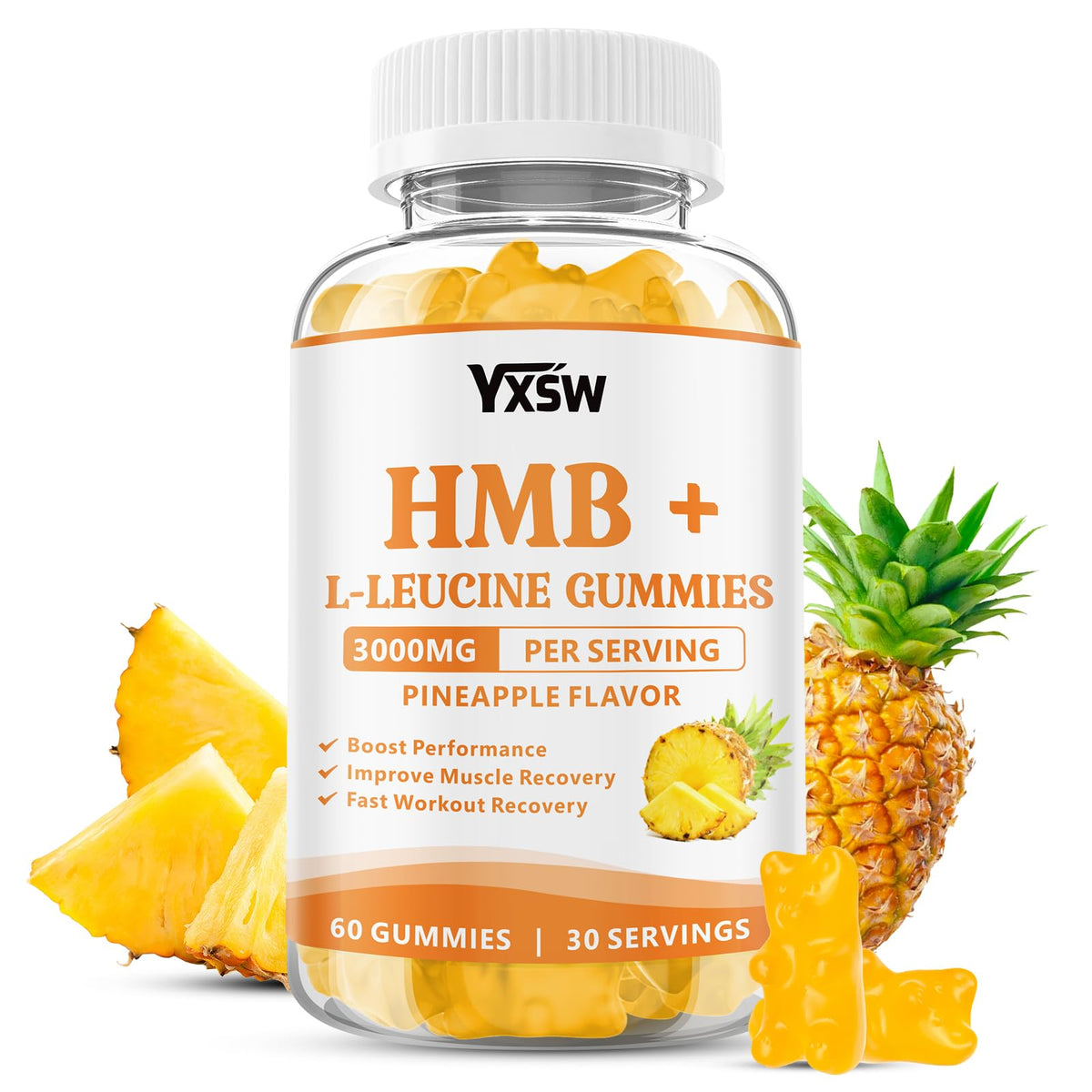 YXSW HMB and L-Leucine Gummies bottle with pineapple flavor for post-workout support.