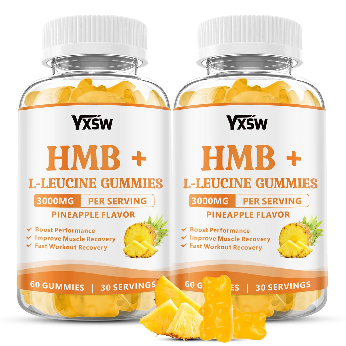 YXSW HMB and L-Leucine gummies bottle showing pineapple flavor for recovery
