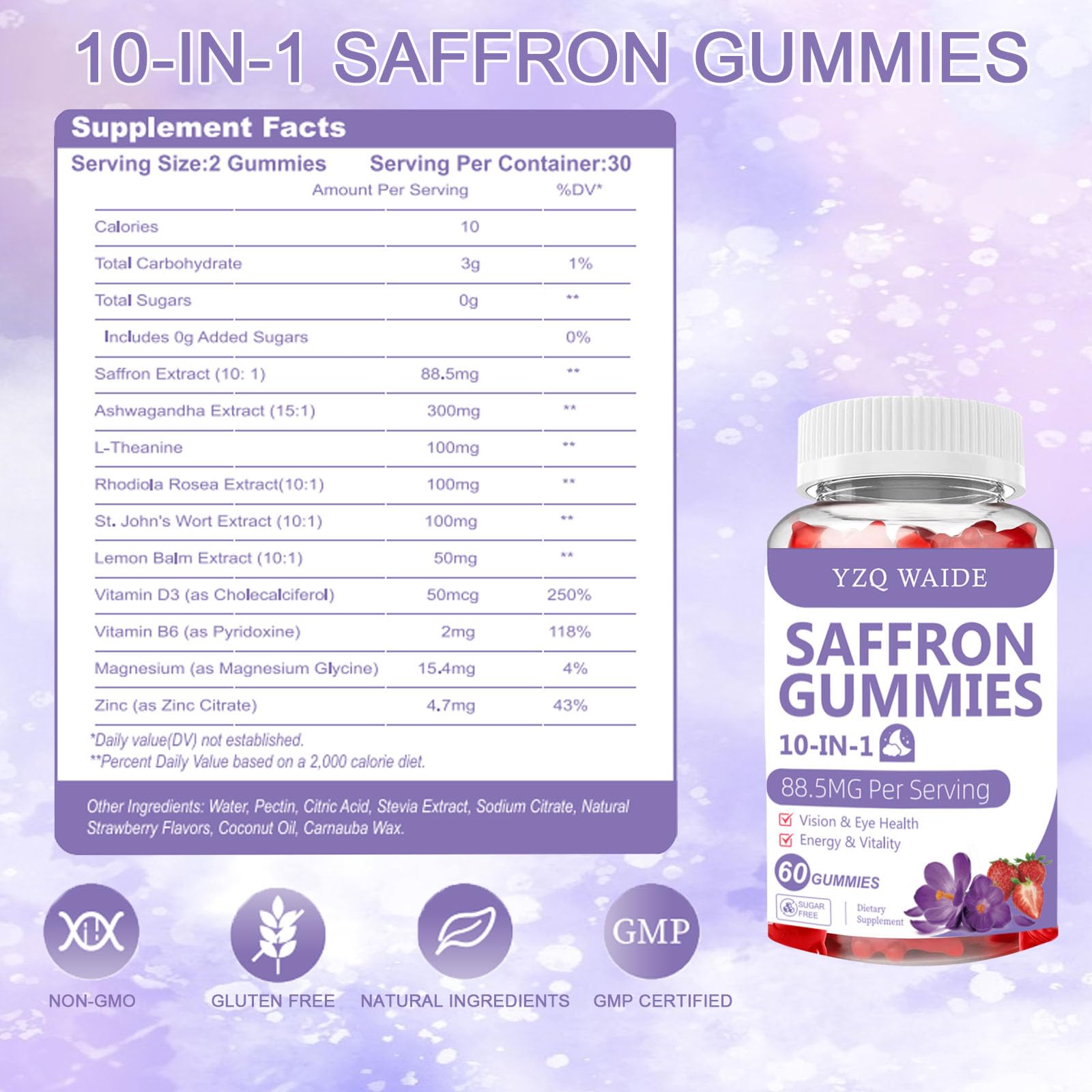 YZQ WAIDE saffron gummies close-up showing chewy texture and strawberry flavor