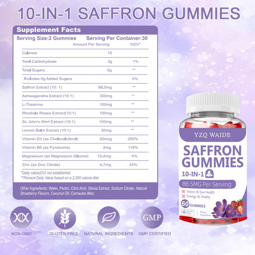 YZQ WAIDE saffron gummies close-up showing chewy texture and strawberry flavor