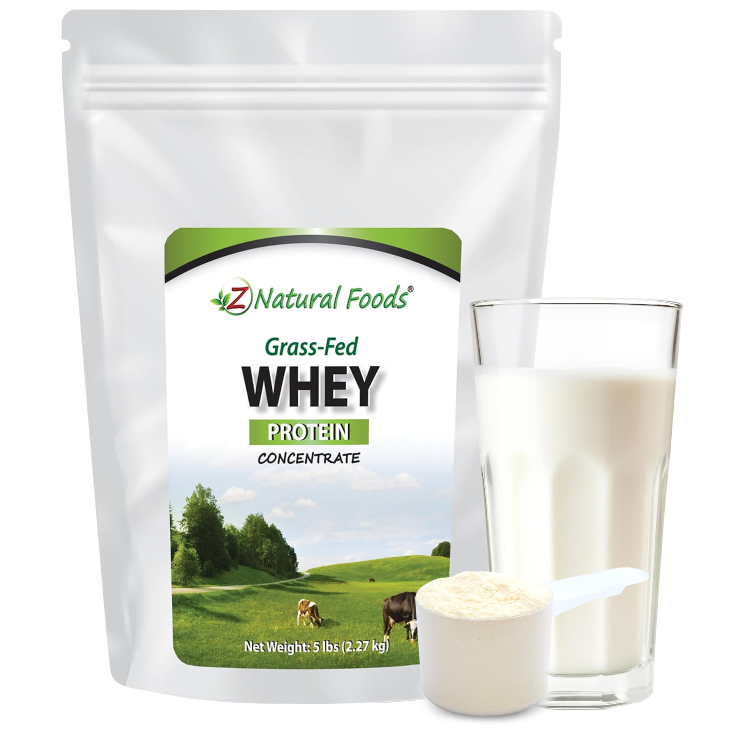 Z Natural Foods grass-fed whey powder bottle for workouts and clean protein.