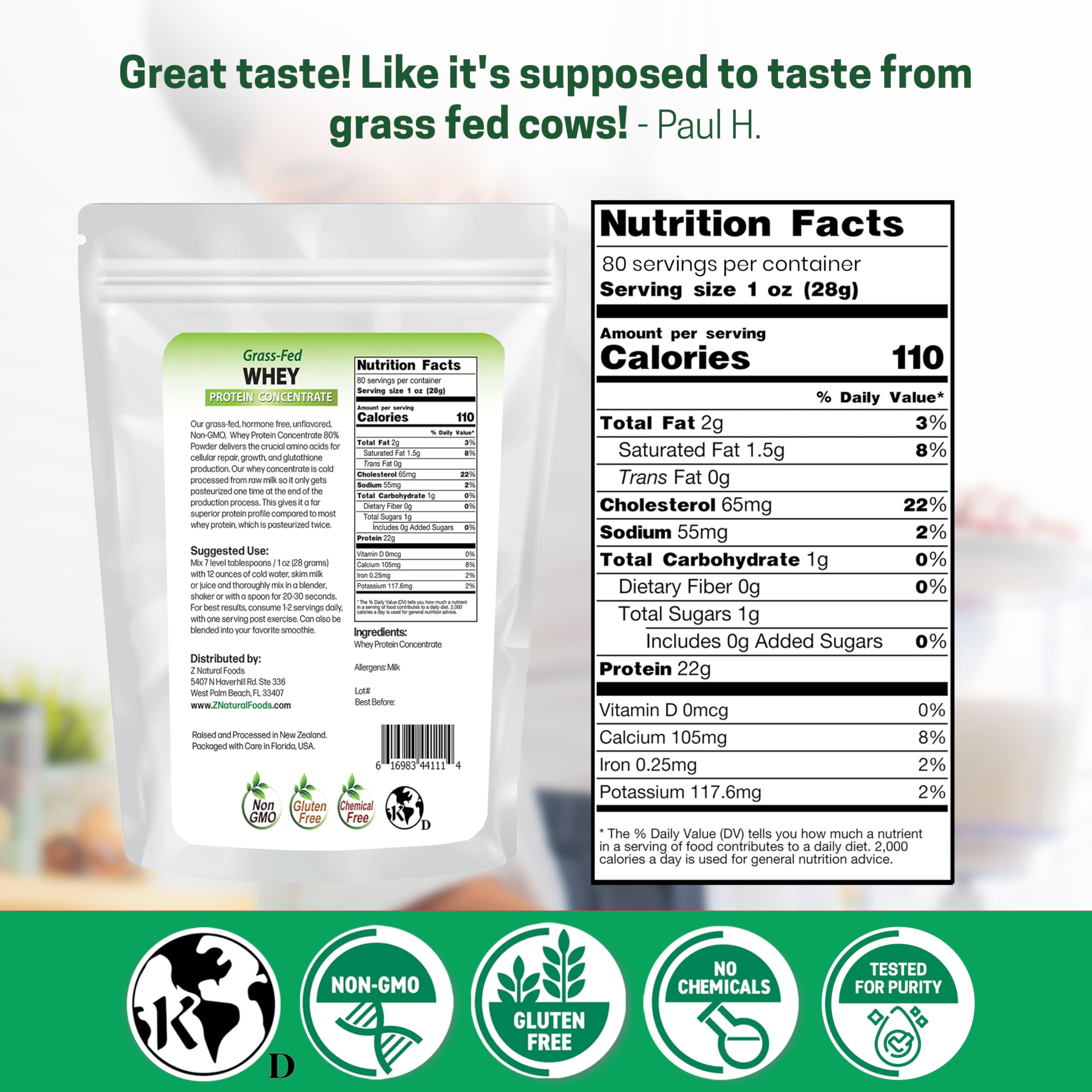 Z Natural Foods grass-fed whey label closeup emphasizes purity and additive-free formula.