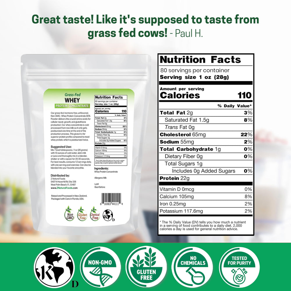 Z Natural Foods grass-fed whey label closeup emphasizes purity and additive-free formula.