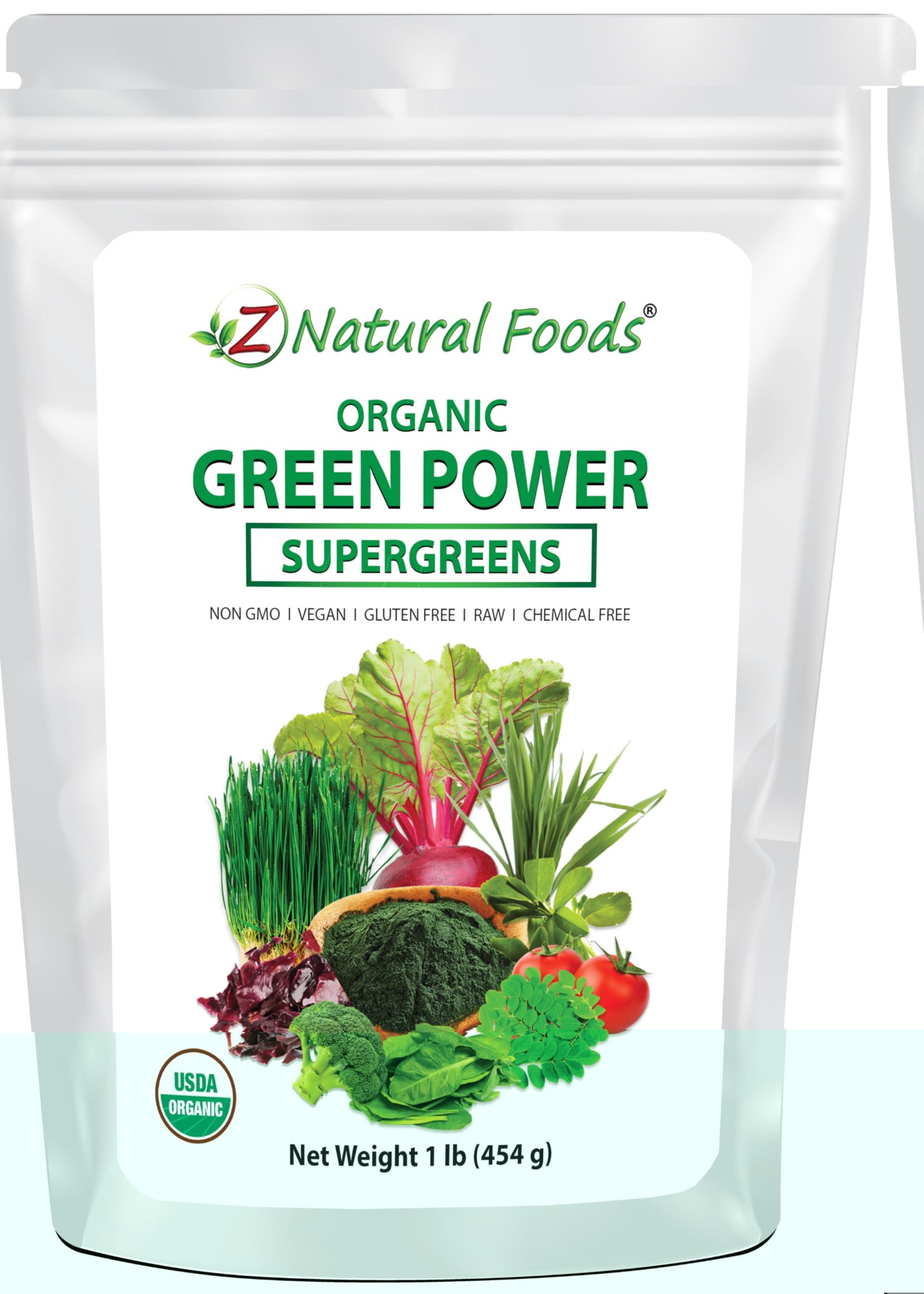 Z Natural Foods Greens Powder bottle front for convenient all-in-one greens