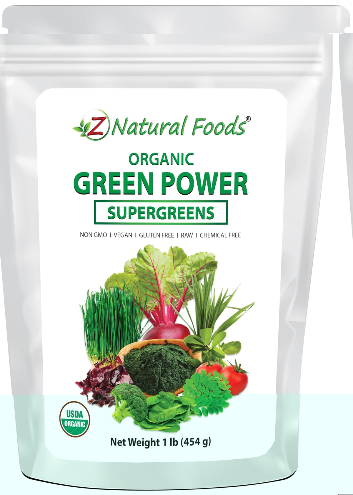 Z Natural Foods Greens Powder bottle front for convenient all-in-one greens