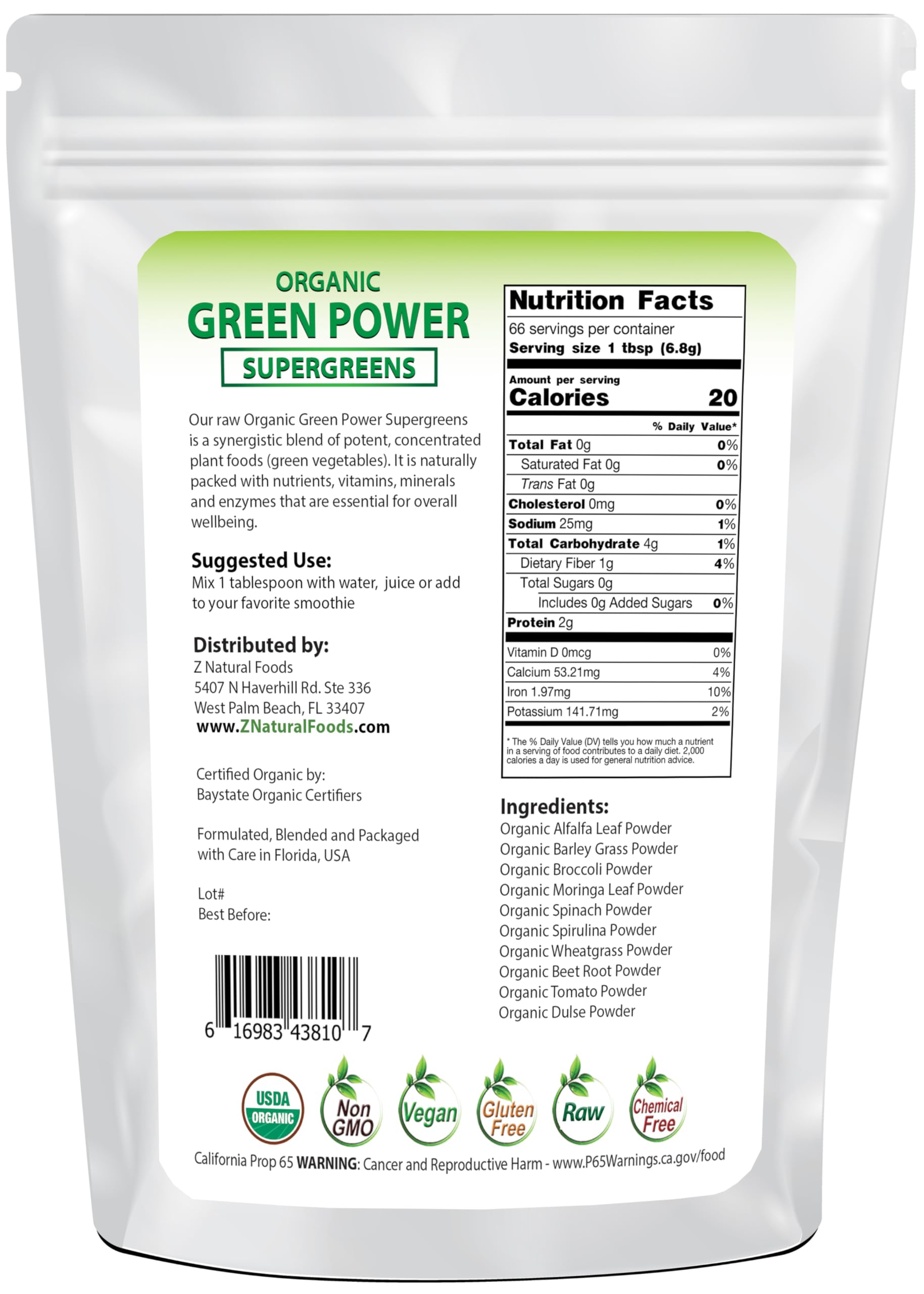 Z Natural Foods Greens Powder scoop demonstrates quick mix into smoothies
