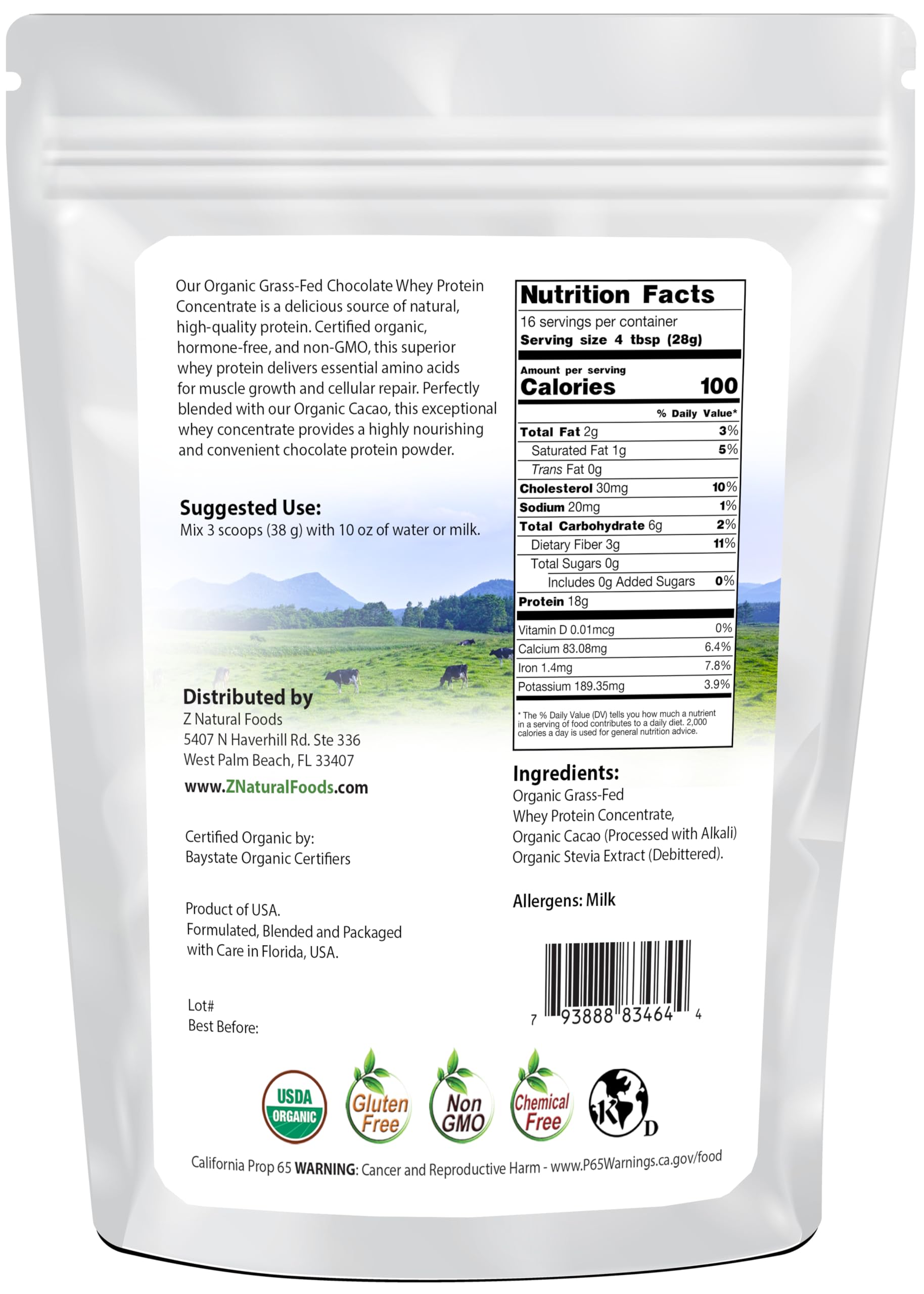 Z Natural Foods Organic Chocolate Whey Protein label showcases simple ingredients and gluten-free, non-GMO benefits.