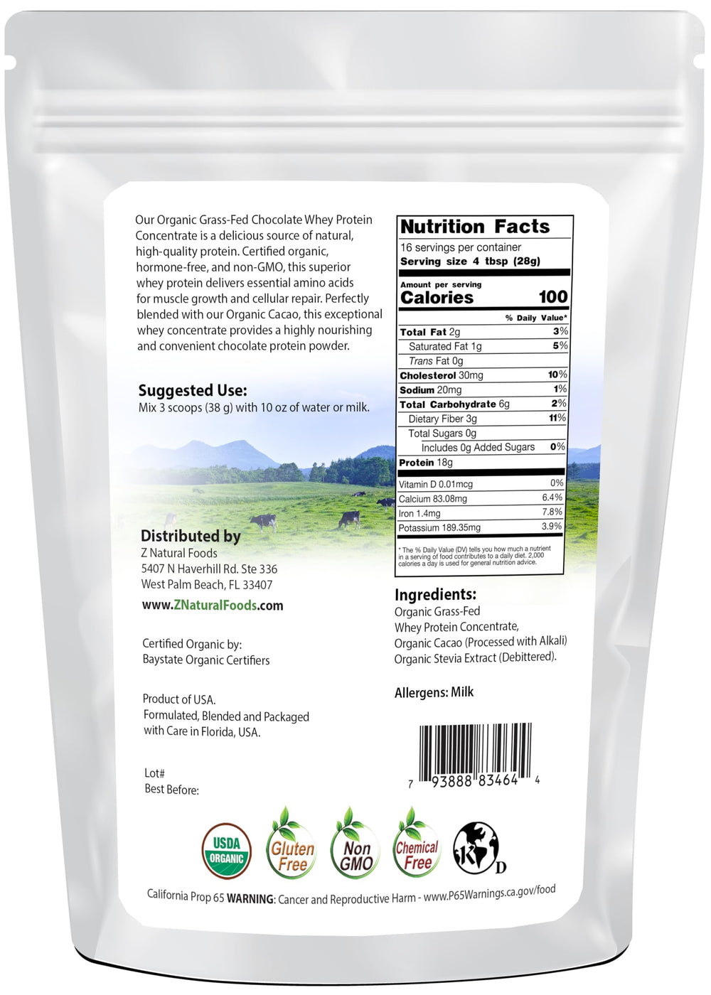 Z Natural Foods Organic Chocolate Whey Protein label showcases simple ingredients and gluten-free, non-GMO benefits.