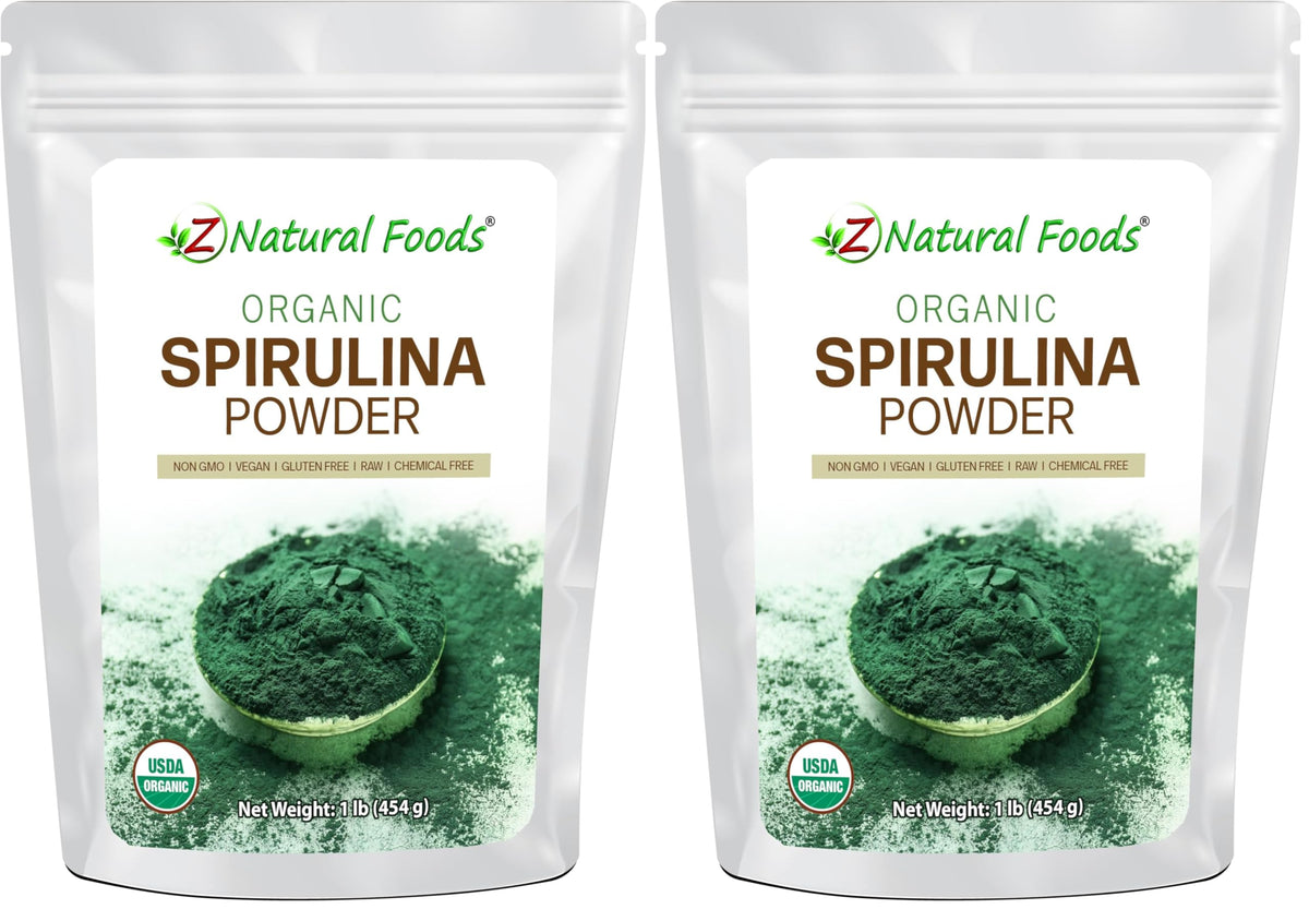 Z Natural Foods Organic Spirulina Powder pack on shelf for daily smoothies