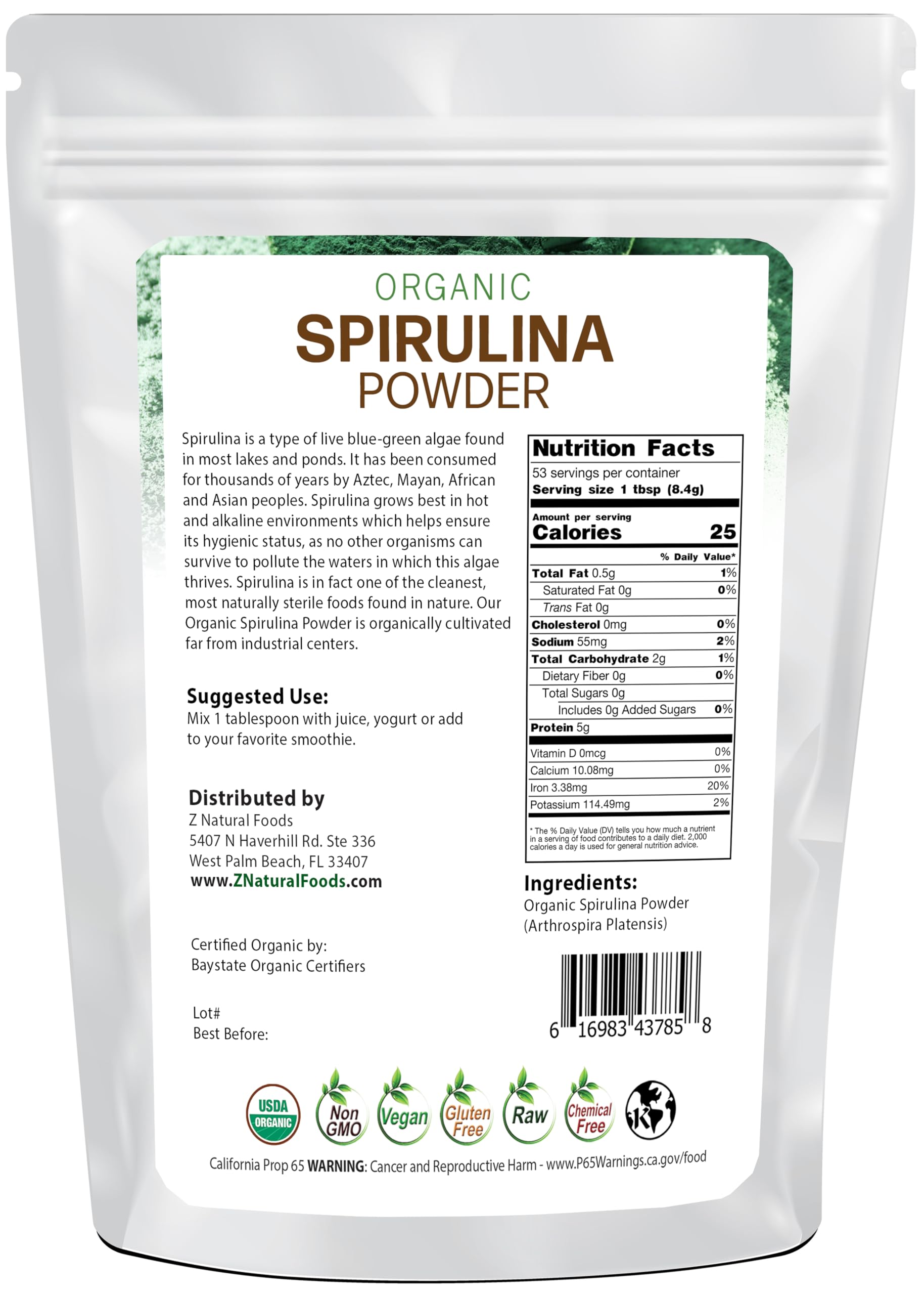 Z Natural Foods Spirulina Powder bottle closed, ready for easy scooping