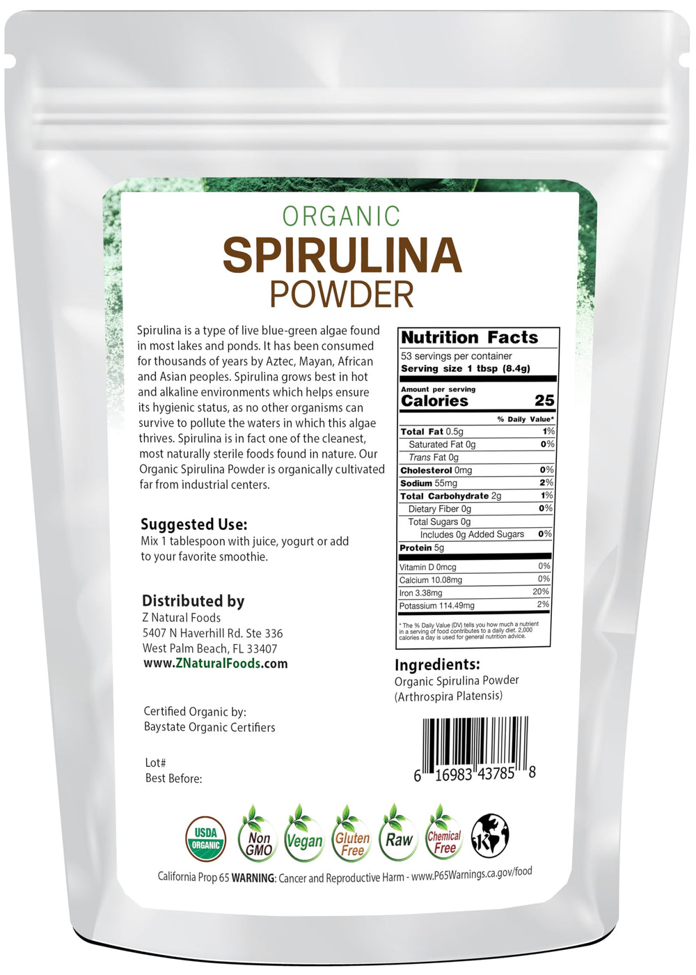Z Natural Foods Spirulina Powder bottle closed, ready for easy scooping