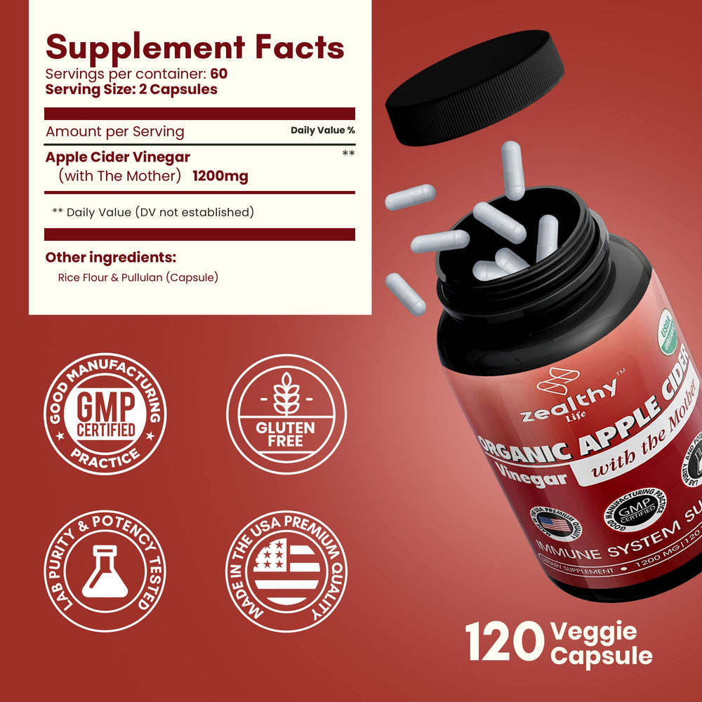 Z Zealthy Life apple cider vinegar with The Mother capsules close-up showing natural ingredients
