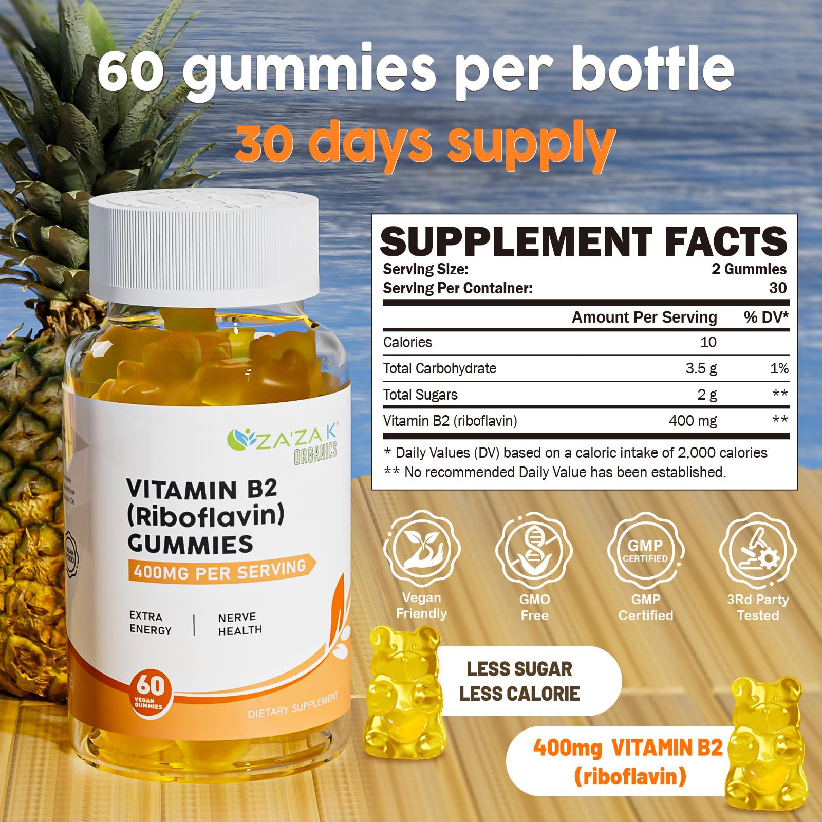 ZA'ZA K ORGANICS Gomitas B2, etiqueta clara, fácil identificar para adultos y niños.