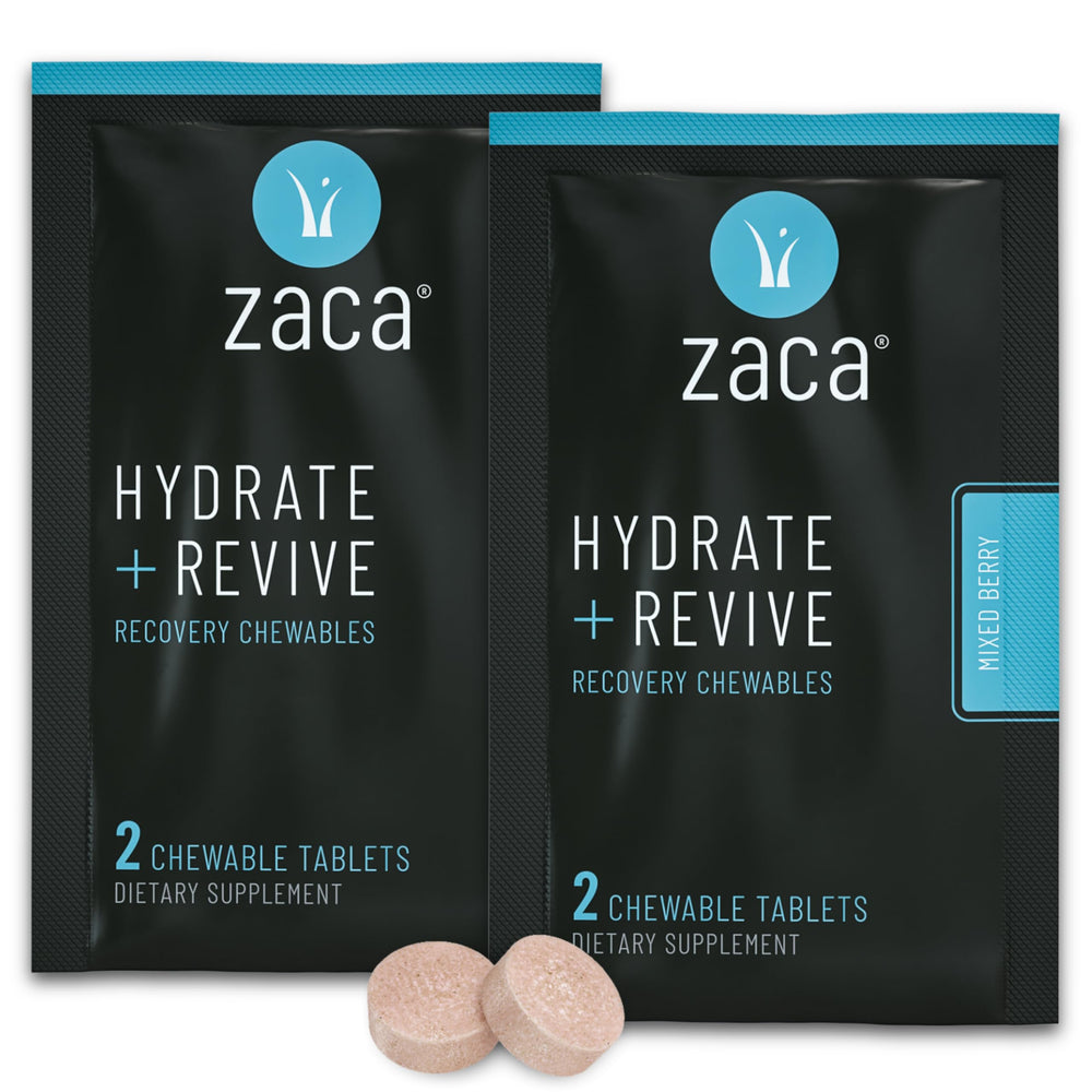 Zaca Recovery chewable bottle close-up showing portable hydration support for busy days