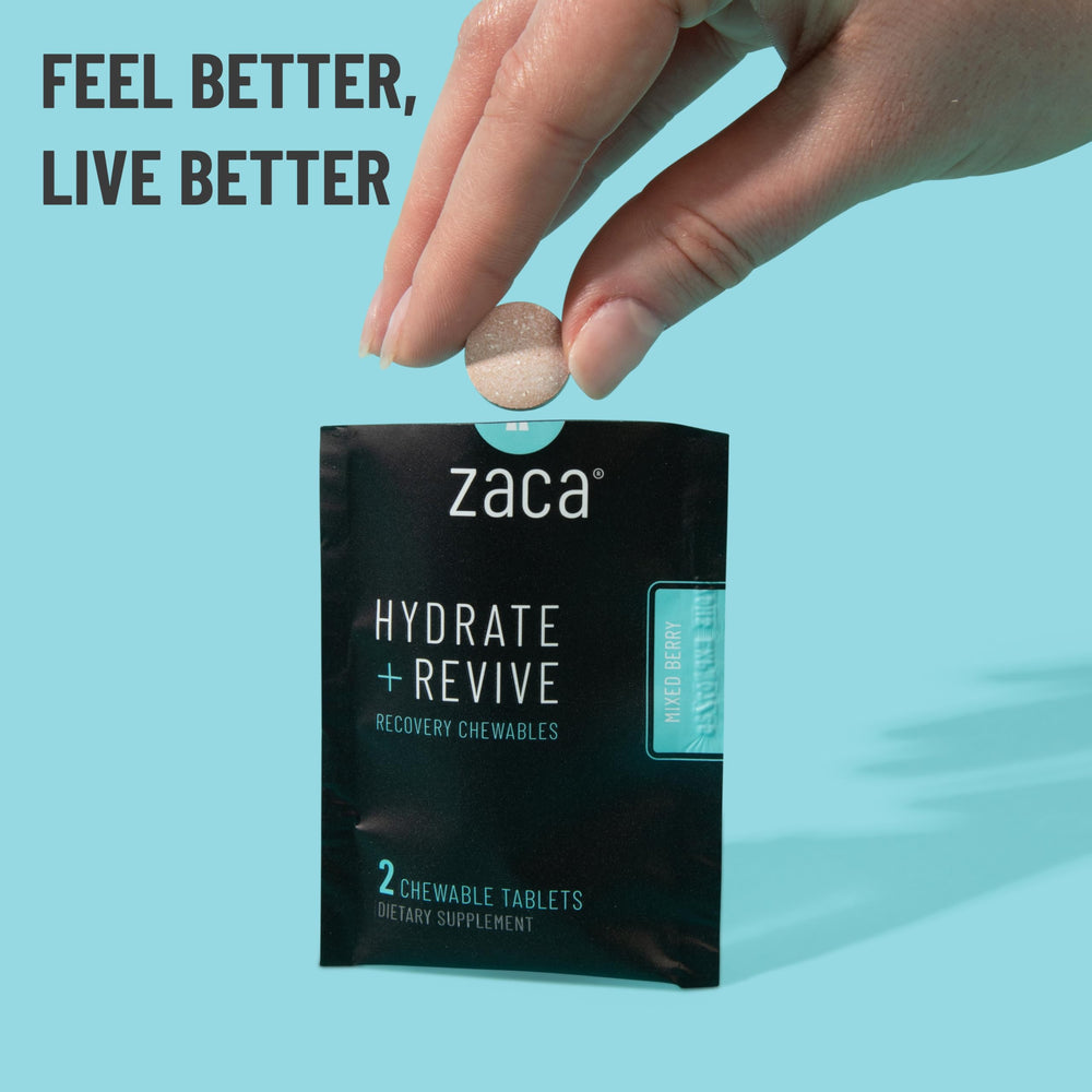 Close view of Zaca Recovery chewable tablets front highlighting non-sugar, gluten-free formula