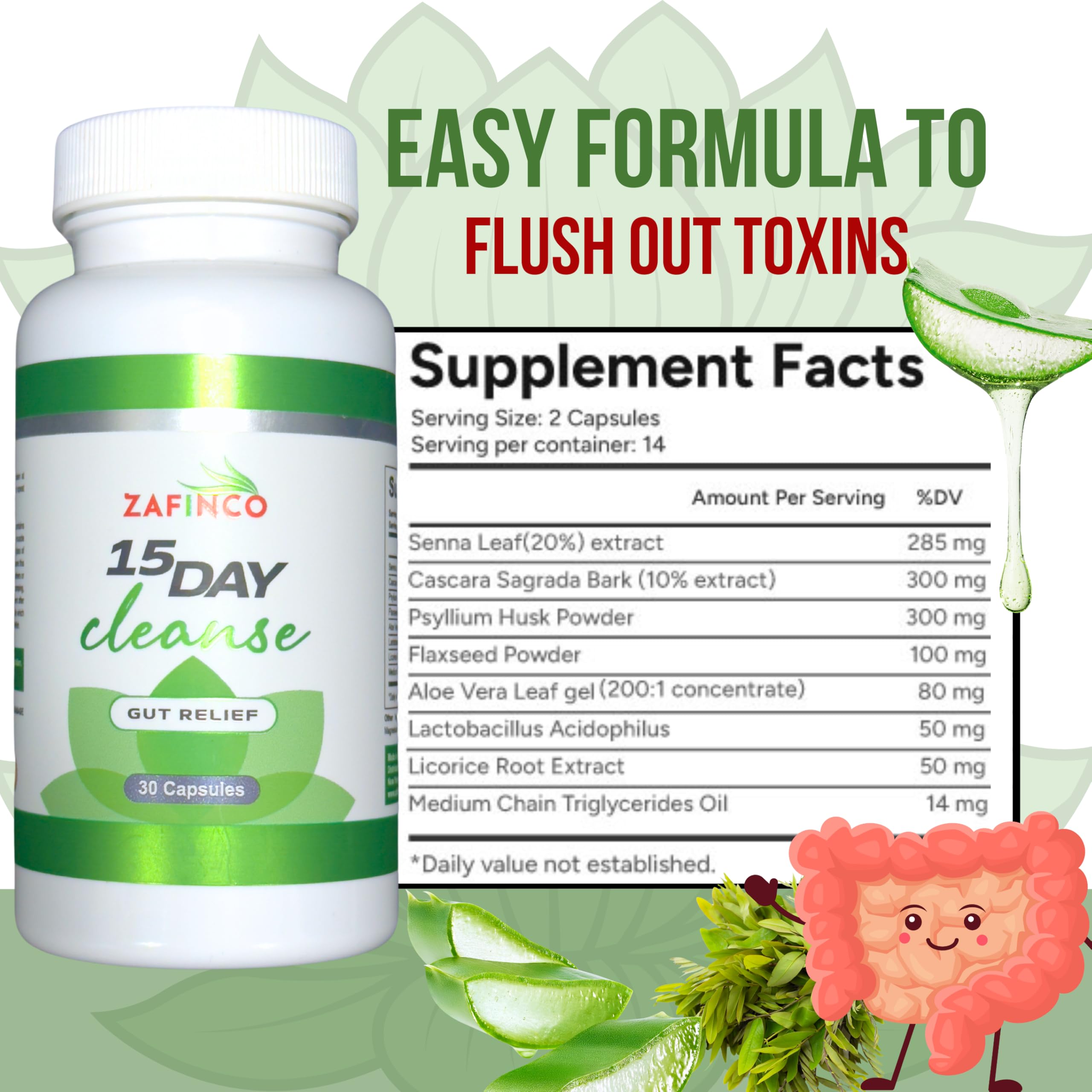 ZAFiNCO Gut Relief capsules close-up ready for daily use.