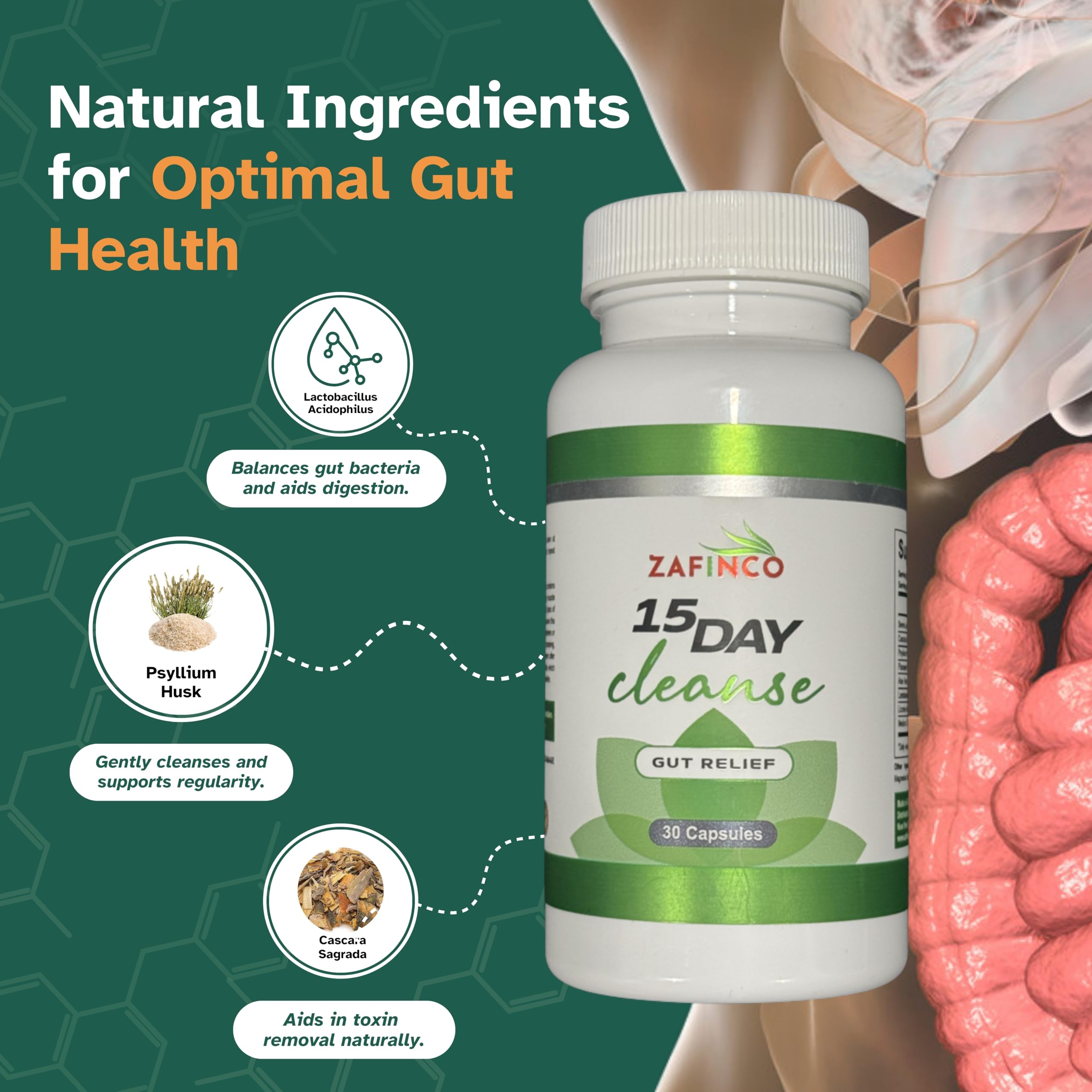 ZAFiNCO Gut Relief label close-up with product details for informed choices.